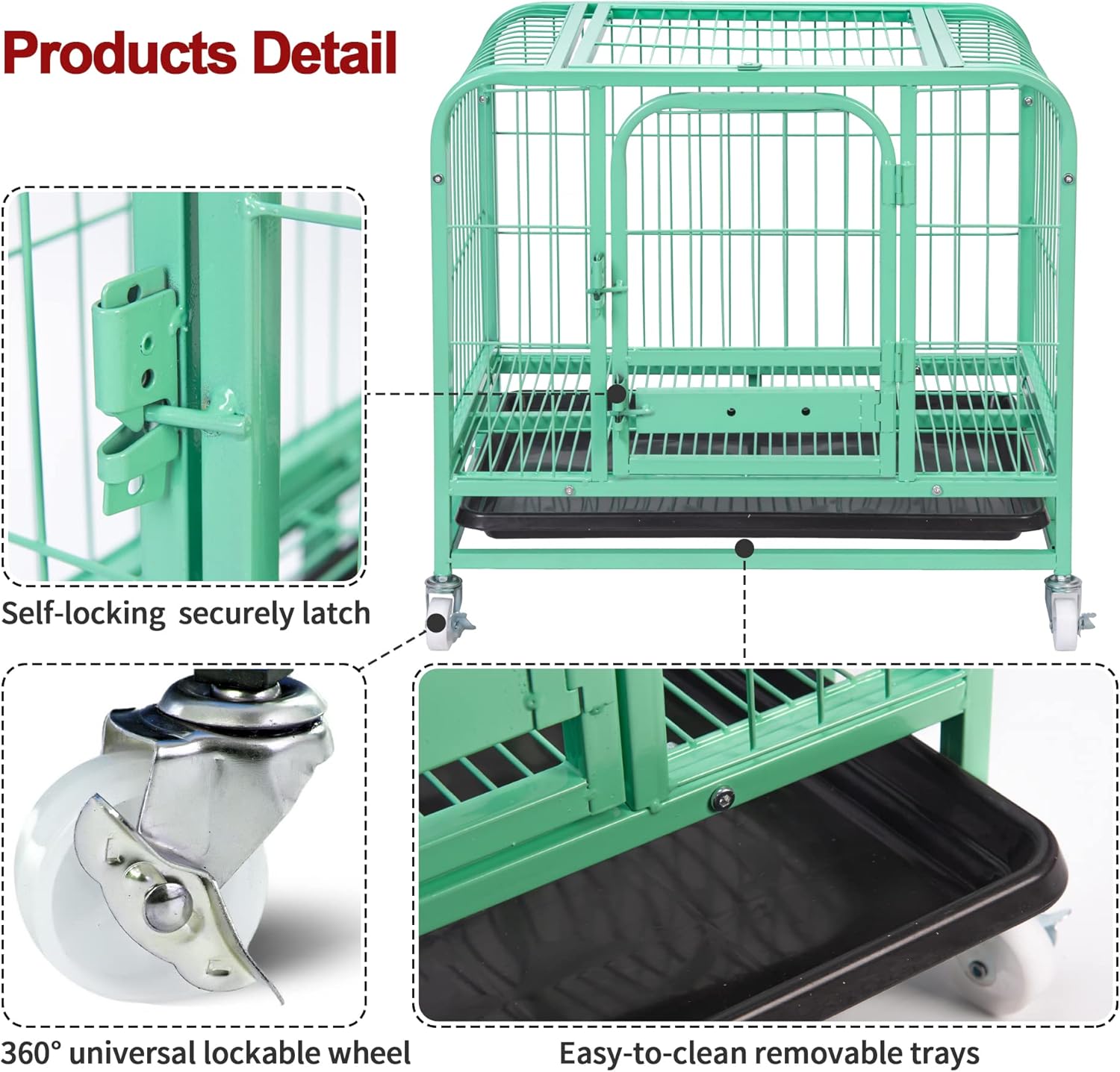 Jaula resistente para perros de metal verde fuerte con ruedas bloqueables y bandeja para perros pequeños de interior, 26 x 17 x 22 pulgadas