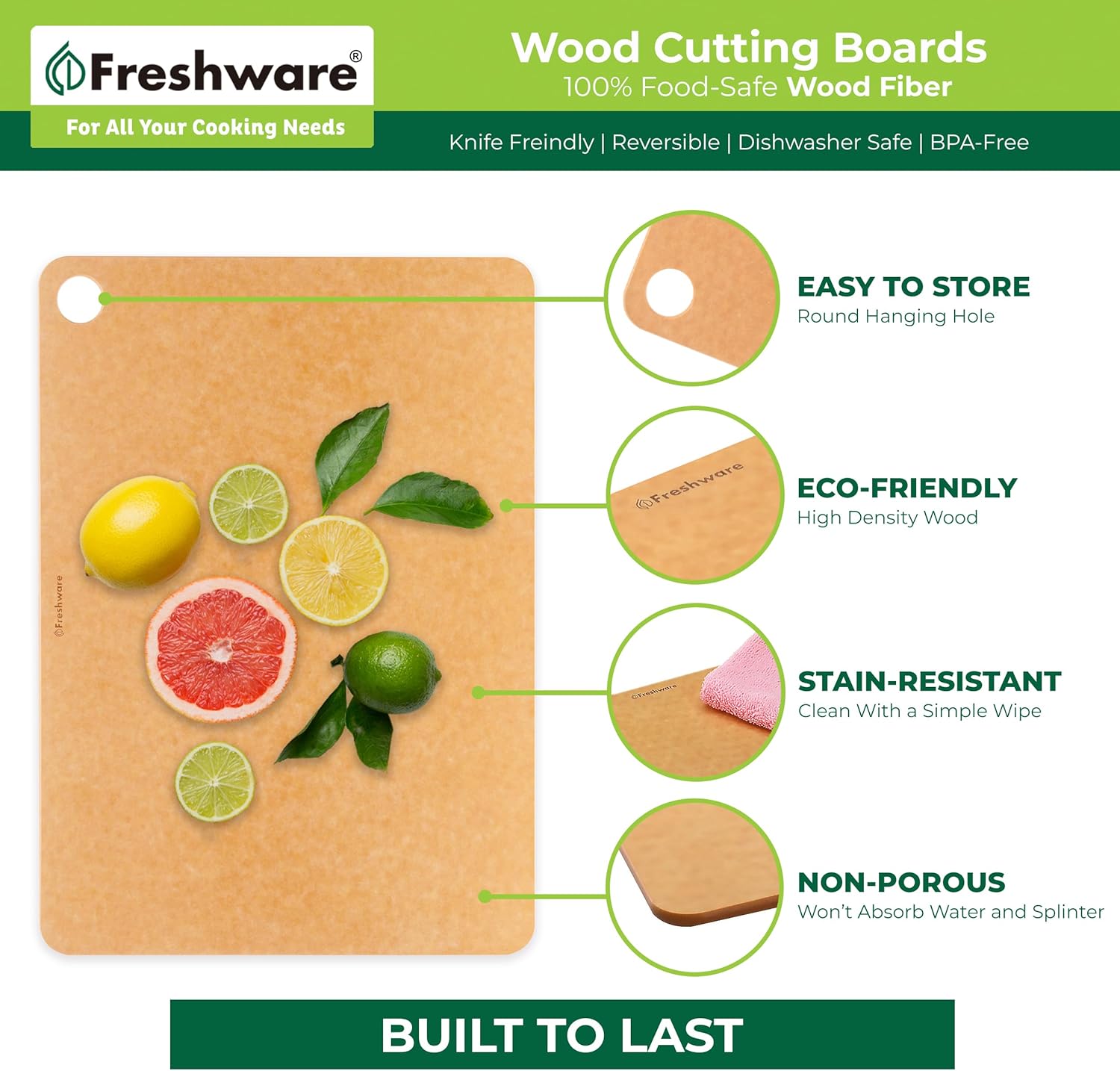 Tablas de cortar de madera para cocina, aptas para lavavajillas, tabla de cortar de madera, fibra de madera de primera calidad, no porosa,