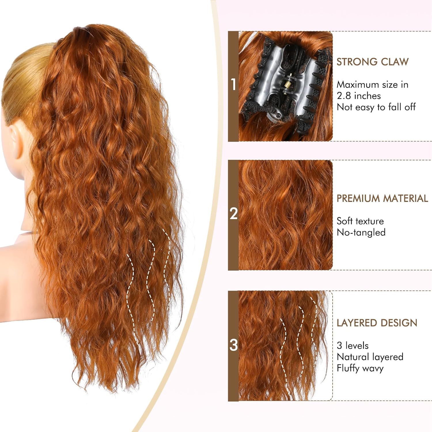 REECHO Extensión de cola de caballo, extensión de cola de caballo de 18 pulgadas con clip de garra para mujer, extensiones de cabello largo y