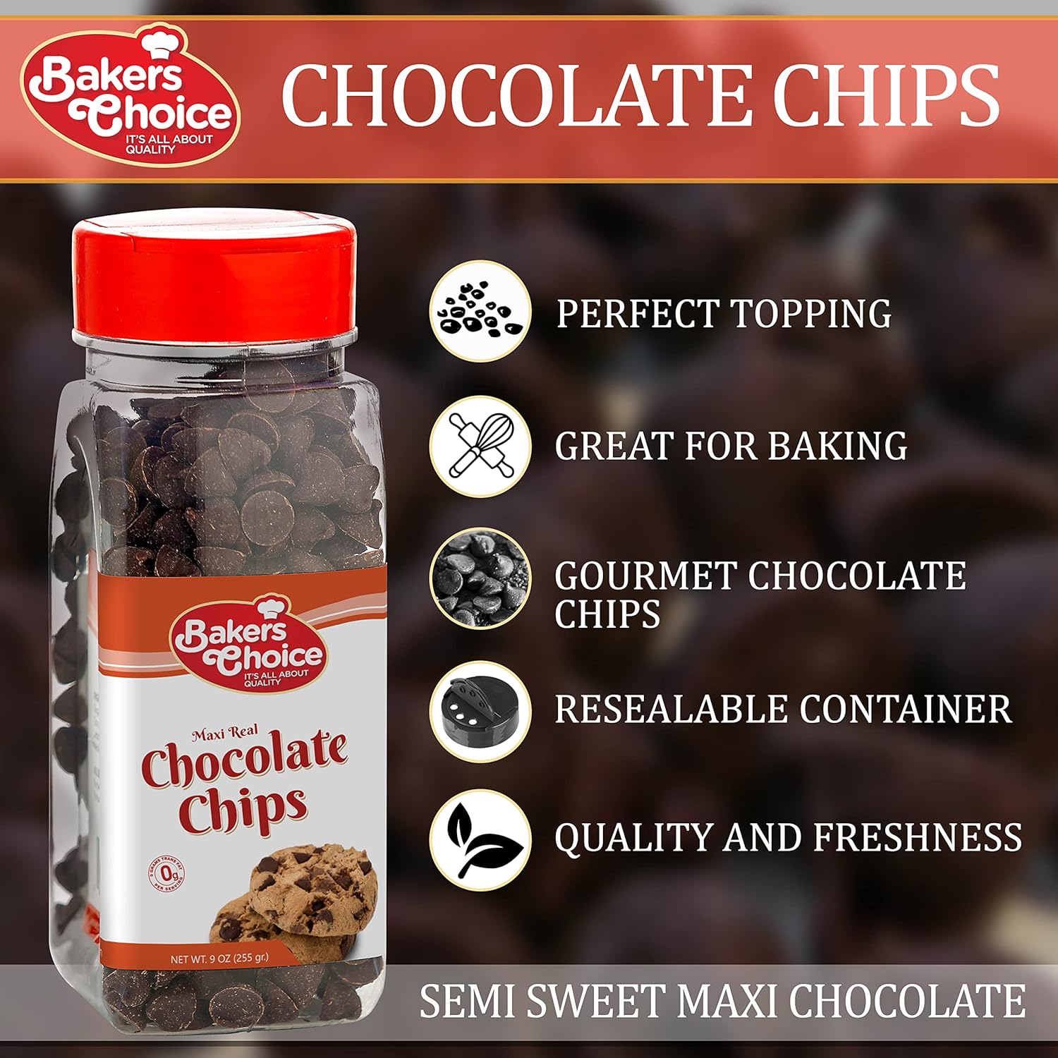 Chips de chocolate semidulces Maxi – Sin lácteos, Kosher – 9 oz. – Baker’s Choice