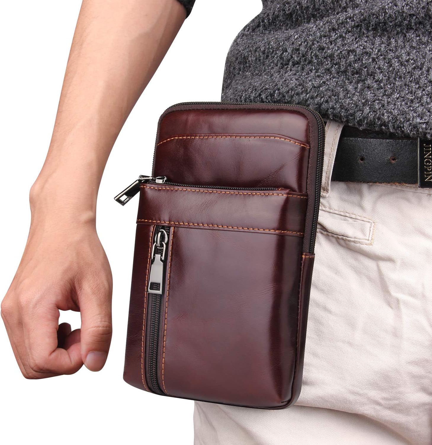 Funda de cuero genuino para cinturón vertical para teléfono inteligente, soporte para teléfono celular, funda con tapa, bolso de mensajero de viaje