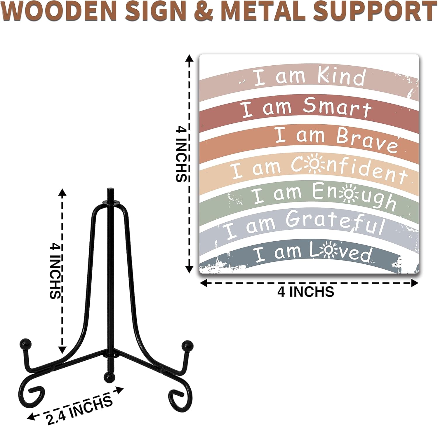Letrero de madera retro bohemio arcoíris con soporte de caballete de metal, placa de madera con cita positiva de arco iris, regalos inspiradores