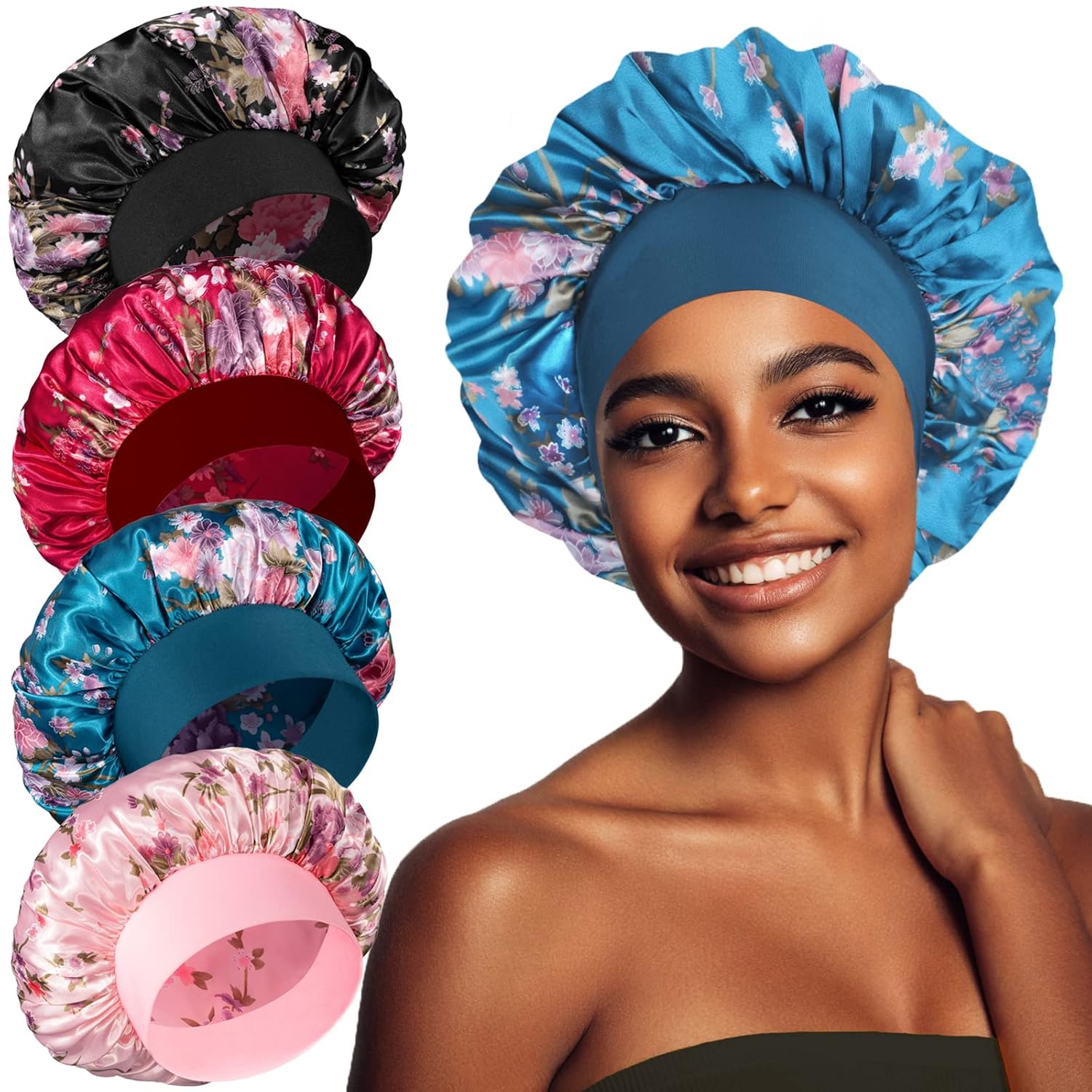 4 gorros de seda de satén para dormir, gorro de seda para dormir, capó para dormir para mujeres negras, gorro de seda de banda ancha para cabello