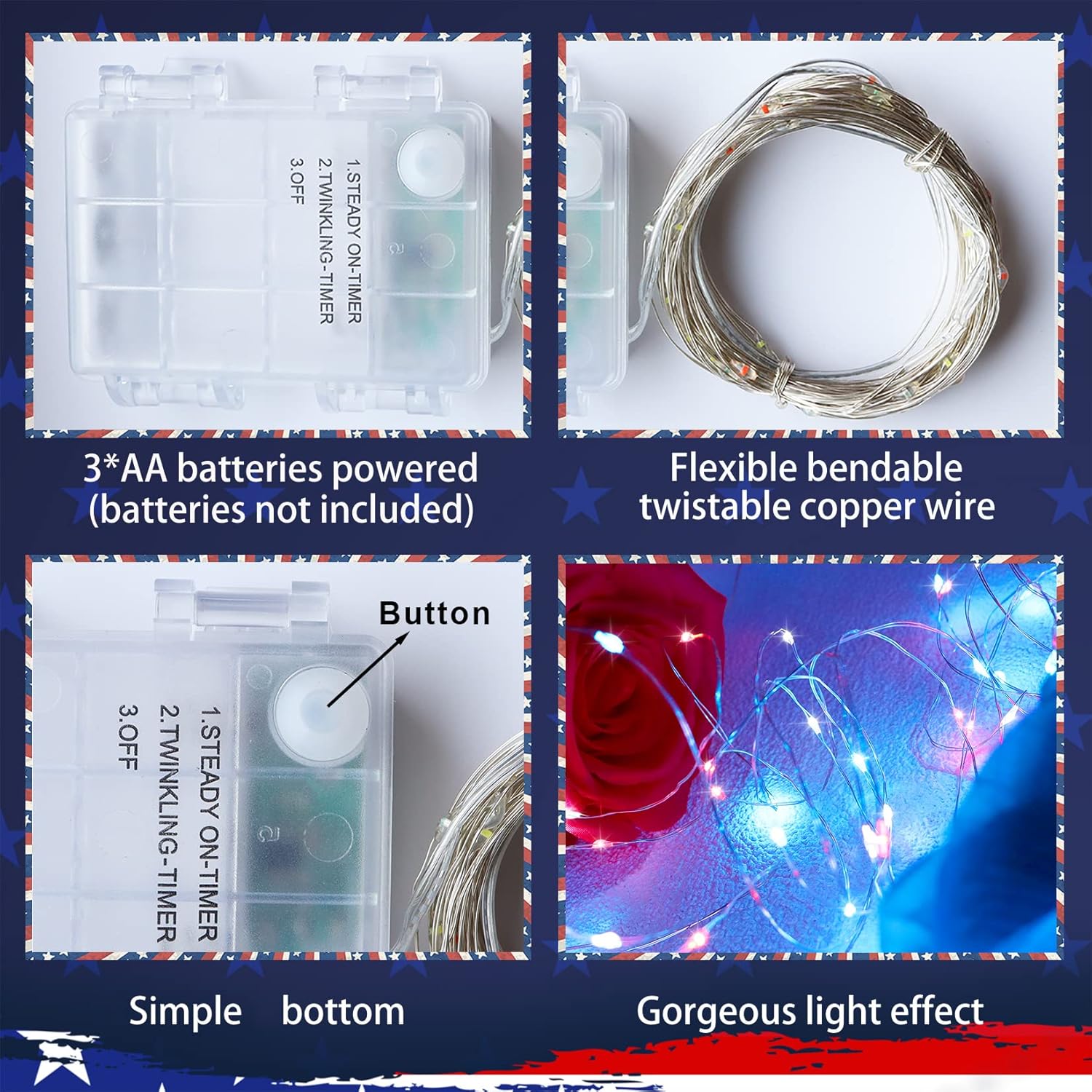 Yayfazy Guirnalda de luces decorativas para el 4 de julio para exterioresinteriores, 2 unidades cada una de 100 luces LED de cobre rojoblancoazul,