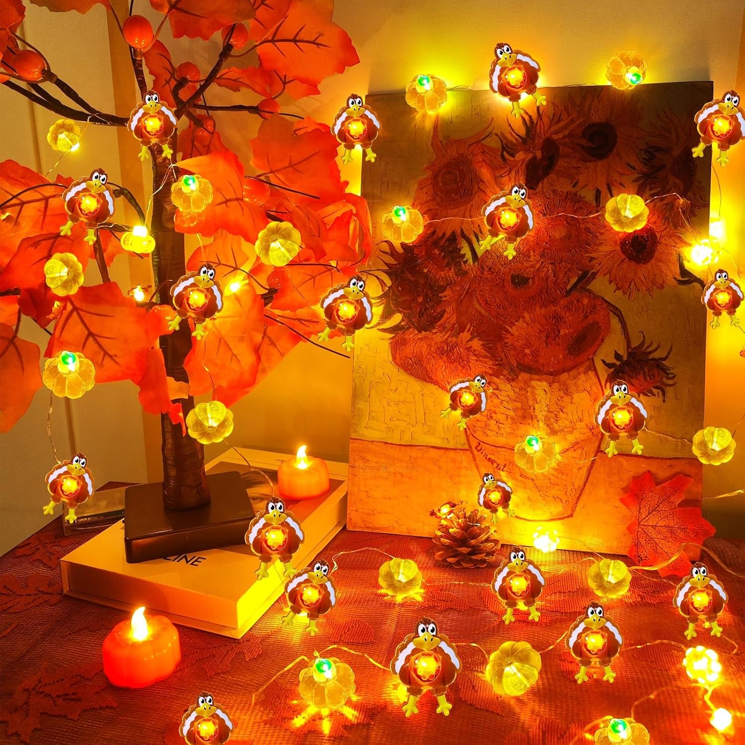 TURNMEON Guirnalda de luces de calabaza 3D de pavo de Acción de Gracias, 6.56 pies, 20 luces LED, funciona con pilas, alambre de cobre, guirnalda de
