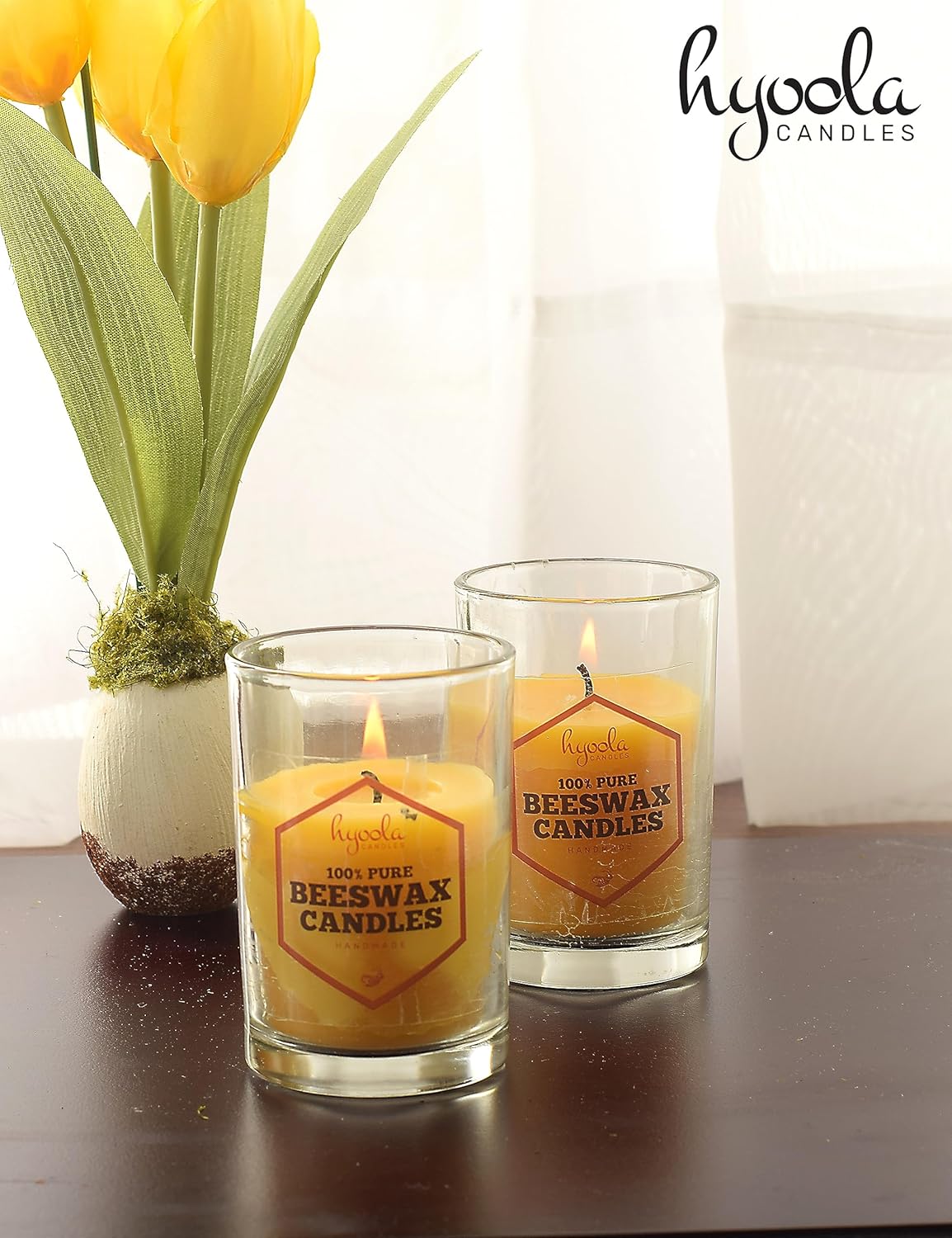 Hyoola Velas votivas de cera de abeja, hechas a mano, totalmente naturales, 100% pura vela de cera de abeja sin perfume, decorativa, amarillo dorado