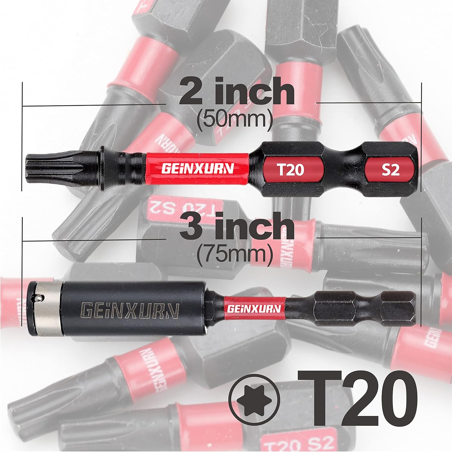 GEINXURN Juego de 50 brocas de potencia T20 de 2 pulgadas con cabeza Torx magnética #20, juego de puntas de destornillador T20 de acero de aleación