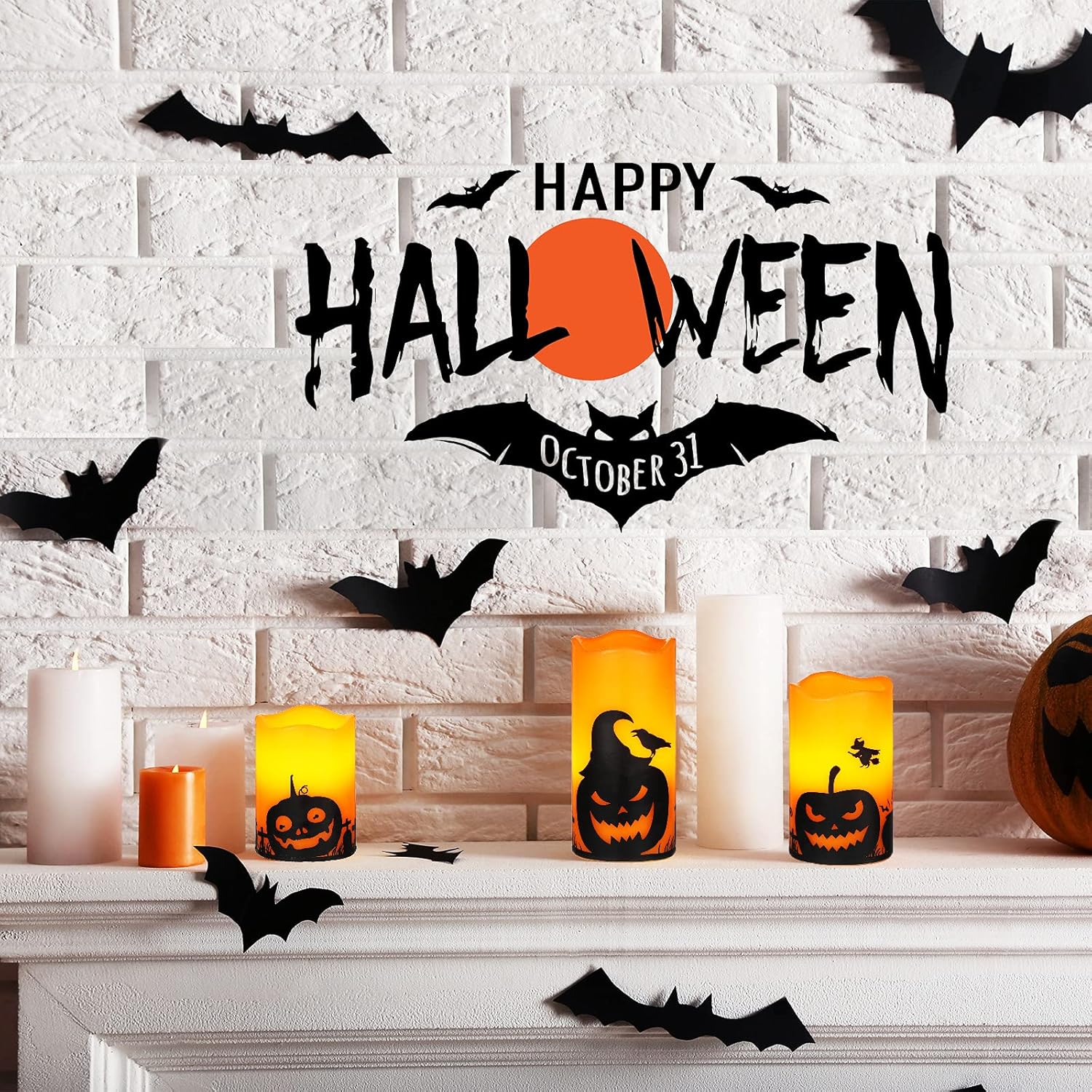 Nuanchu 3 velas LED sin llama de Halloween que funcionan con pilas, velas de cera surtidas, velas sin llama con 6 lámparas de calabaza para