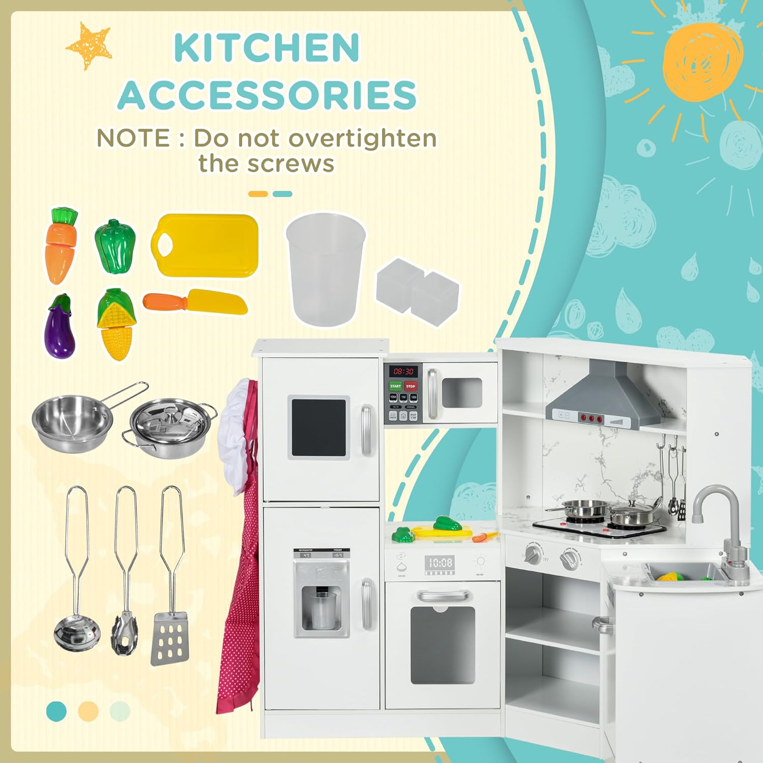 Qaba Juego de cocina de madera para niños pequeños, juguete de simulación para niños con luces, sonidos, delantal y sombrero de chef, máquina de