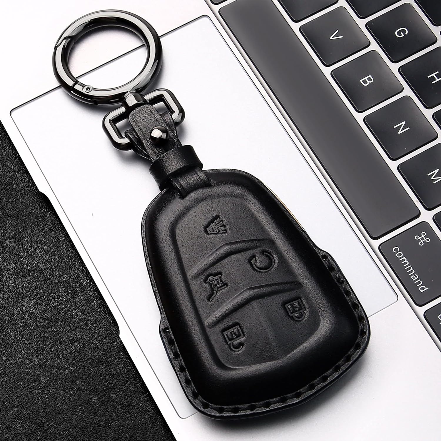 Tukellen Funda de cuero para llavero Cadillac con llavero de cuero, protección completa de 360 grados, compatible con Cadillac Escalade CTS SRX XT5