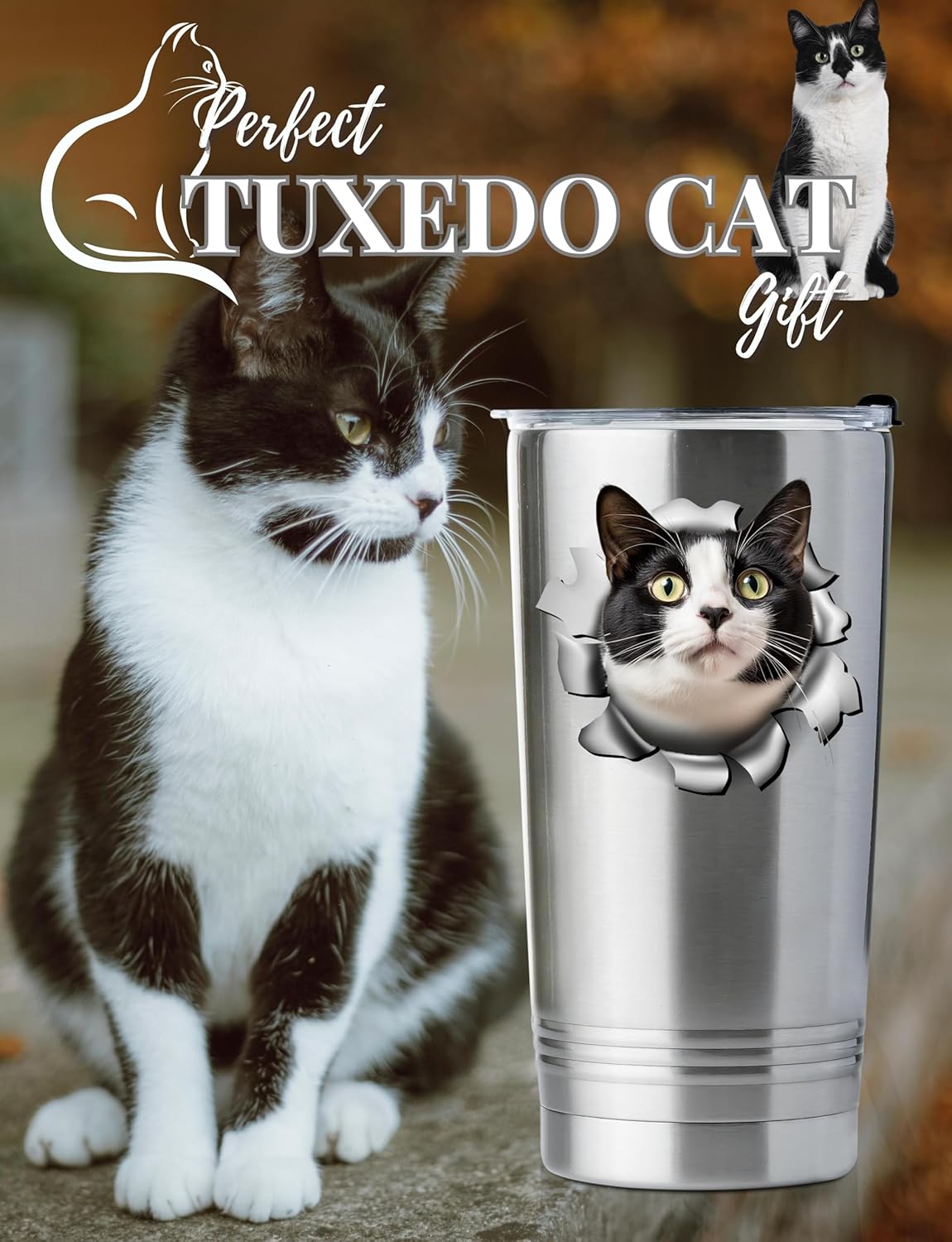 Onebttl Regalos de gato de esmoquin para amantes de los gatos, vaso aislado de 20 onzas con tapa y pajilla, divertidos regalos para papá y mamá para