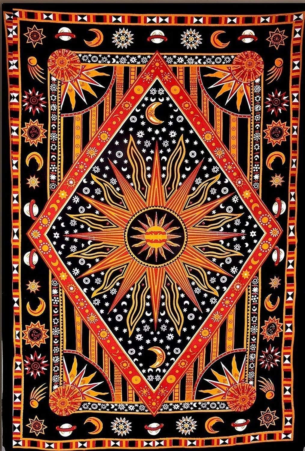 ANJANIYA – Tapiz teñido con amarres, diseño celestial de sol, luna, planeta, bohemio, para colgar en la pared, tapiz bohemio, hippie, playa colcha,