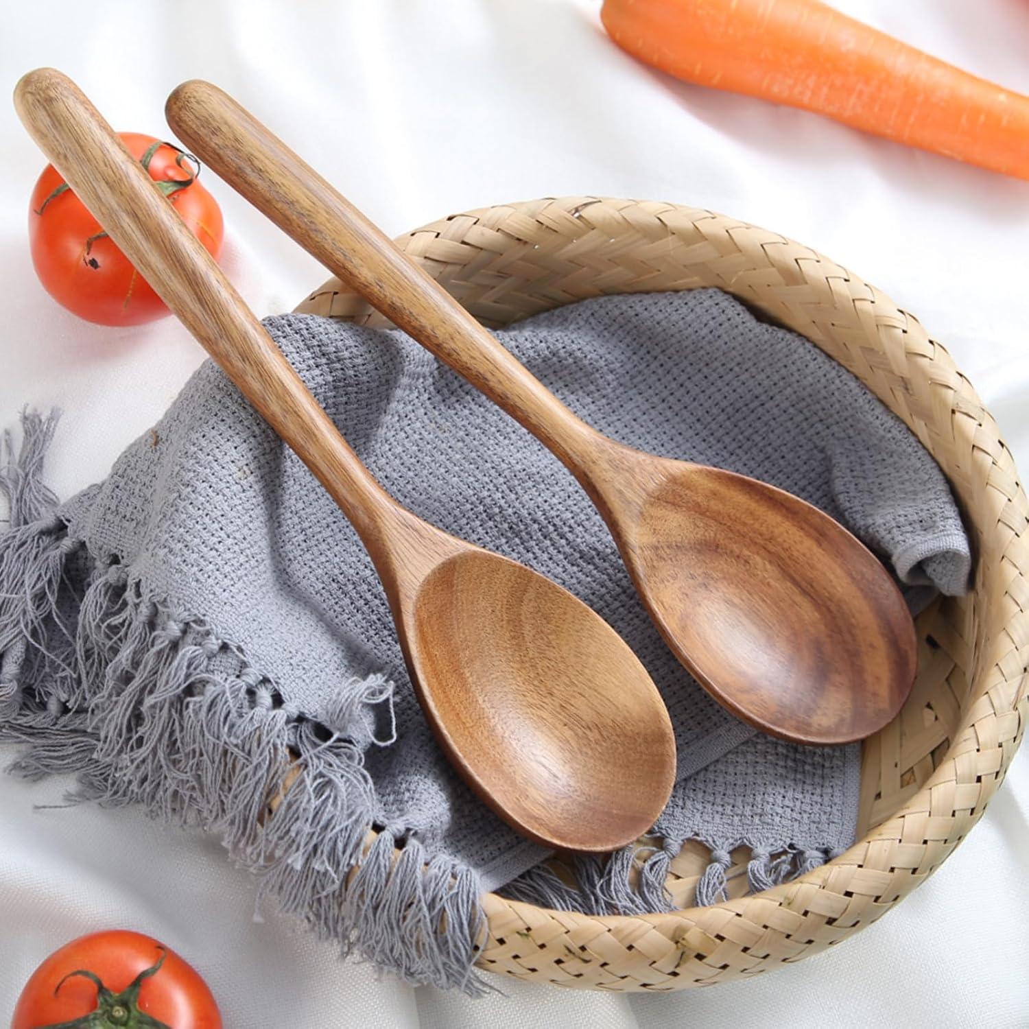 2 cucharas de madera de acacia para cocinar, cucharas de cocina de acabado liso de 12 pulgadas, cucharas de madera de agarre cómodo para cocinar,