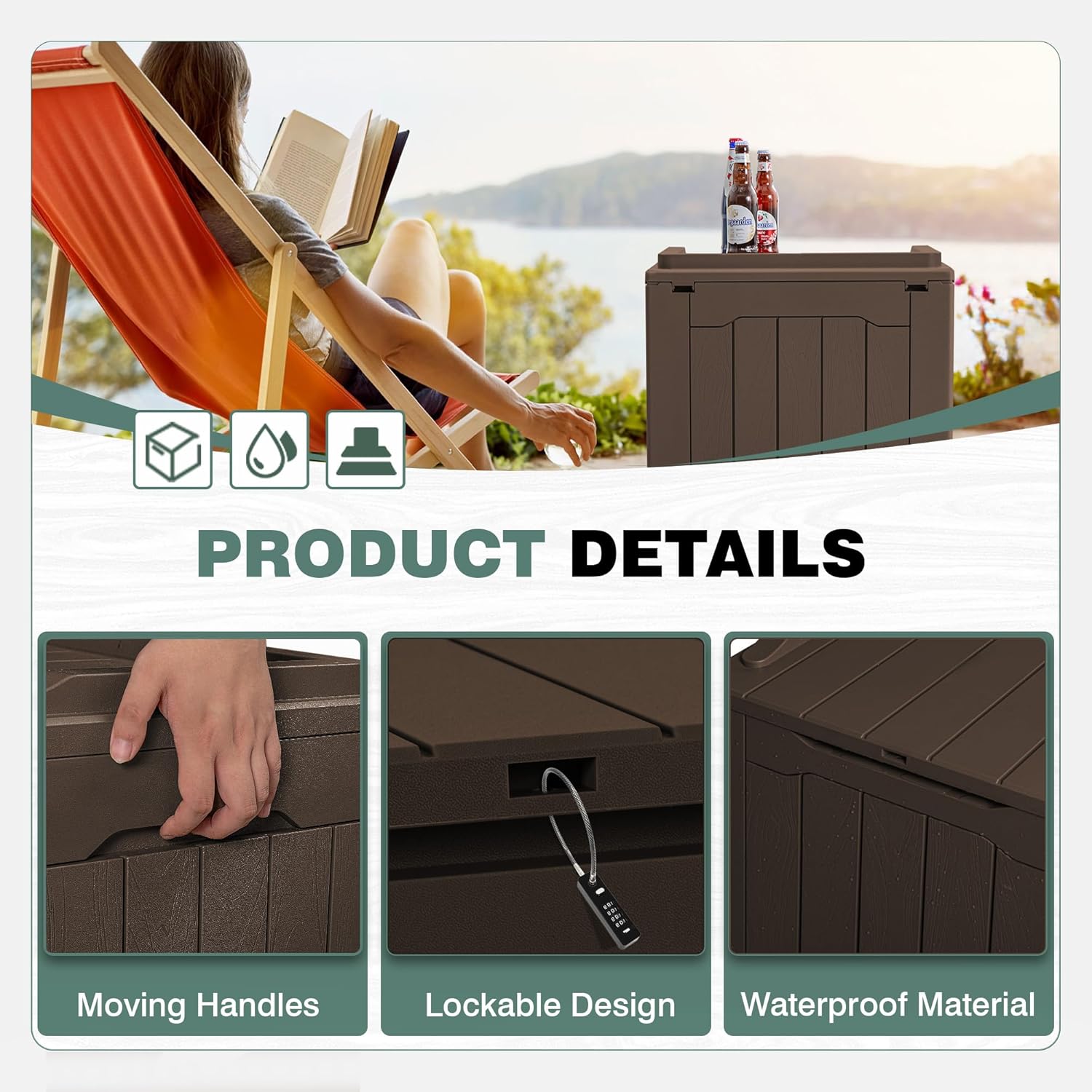 GUNJI Caja de cubierta pequeña de 30 galones Caja de almacenamiento de resina impermeable al aire libre Contenedor de almacenamiento con cerradura