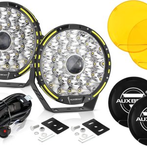 Auxbeam Kit combinado de luces redondas para todo terreno de 9 pulgadas con cubiertas amarillas y negras, 270 W 37776 lúmenes, luz de conducción LED Auxbeam Kit combinado de luces redondas para todo terreno de 9 pulgadas con cubiertas amarillas y negras, 270 W 37776 lúmenes, luz de conducción LED