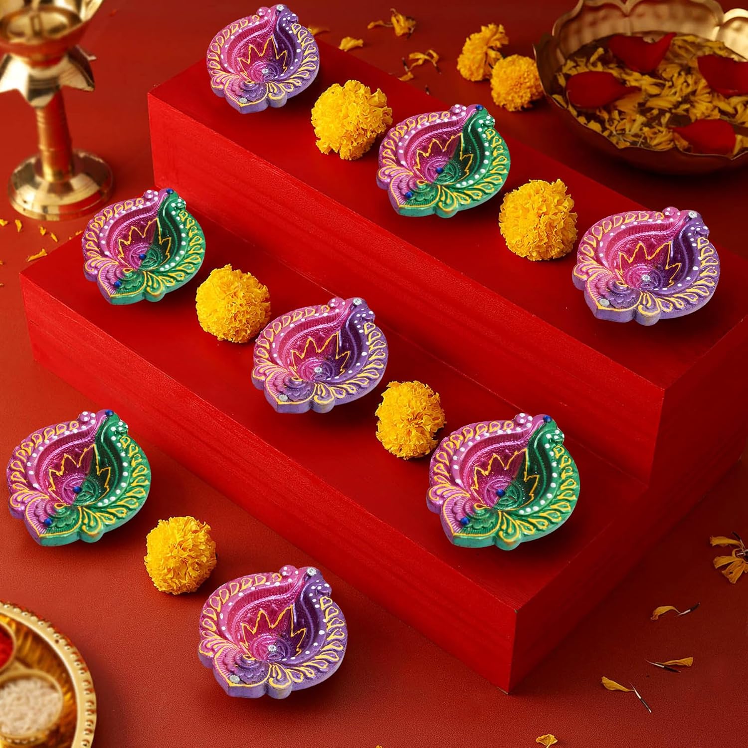 TIED RIBBONS Diya de arcilla hecha a mano para Diwali  Velas de té tradicionales caseras  Lámpara de aceite india  Decoraciones Diwali para el hogar