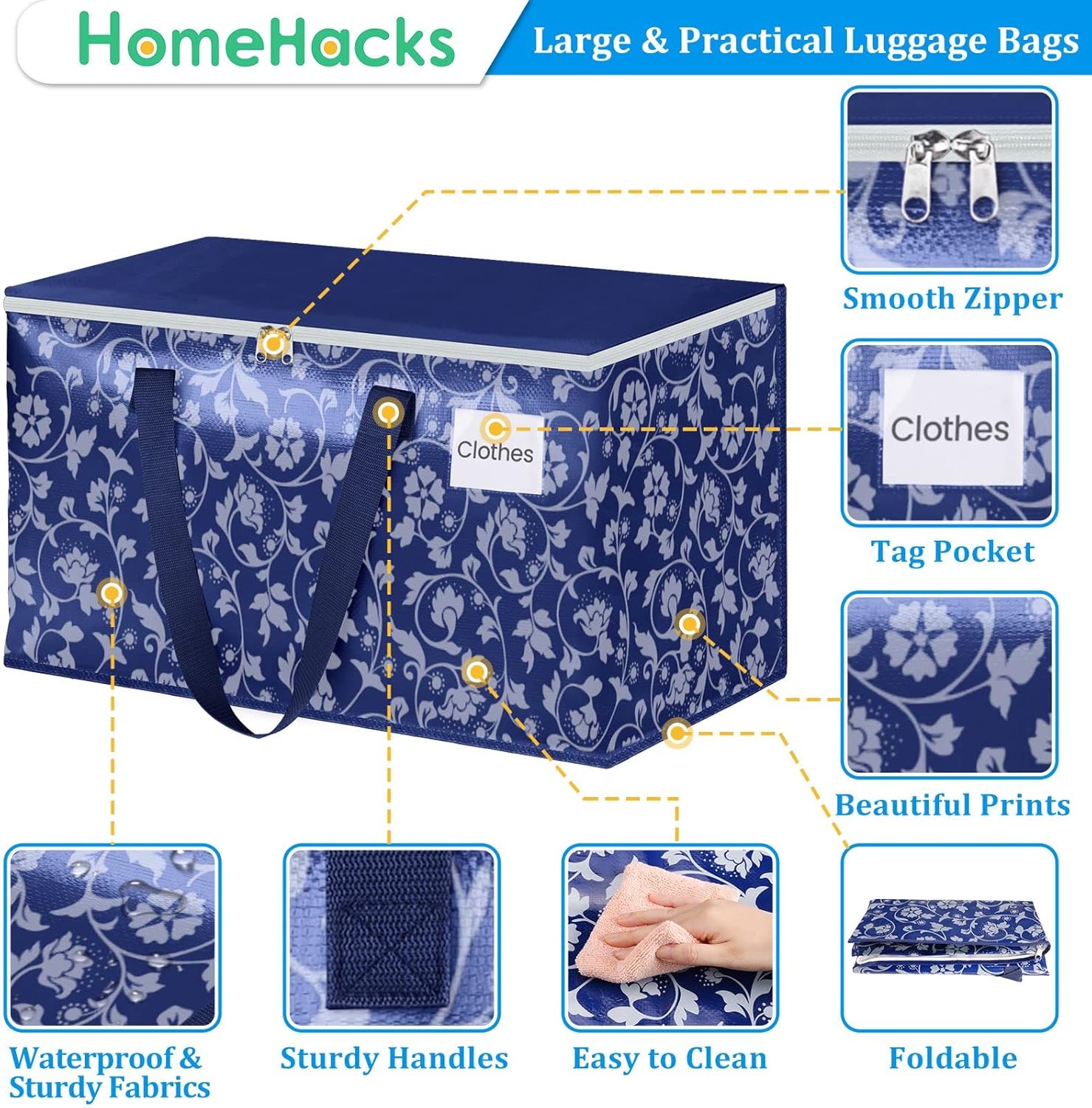 HomeHacks Bolsas de mudanza, cajas de mudanza de tamaño extragrande, bolsas de equipaje resistentes con cremallera suave y asas resistentes, gran