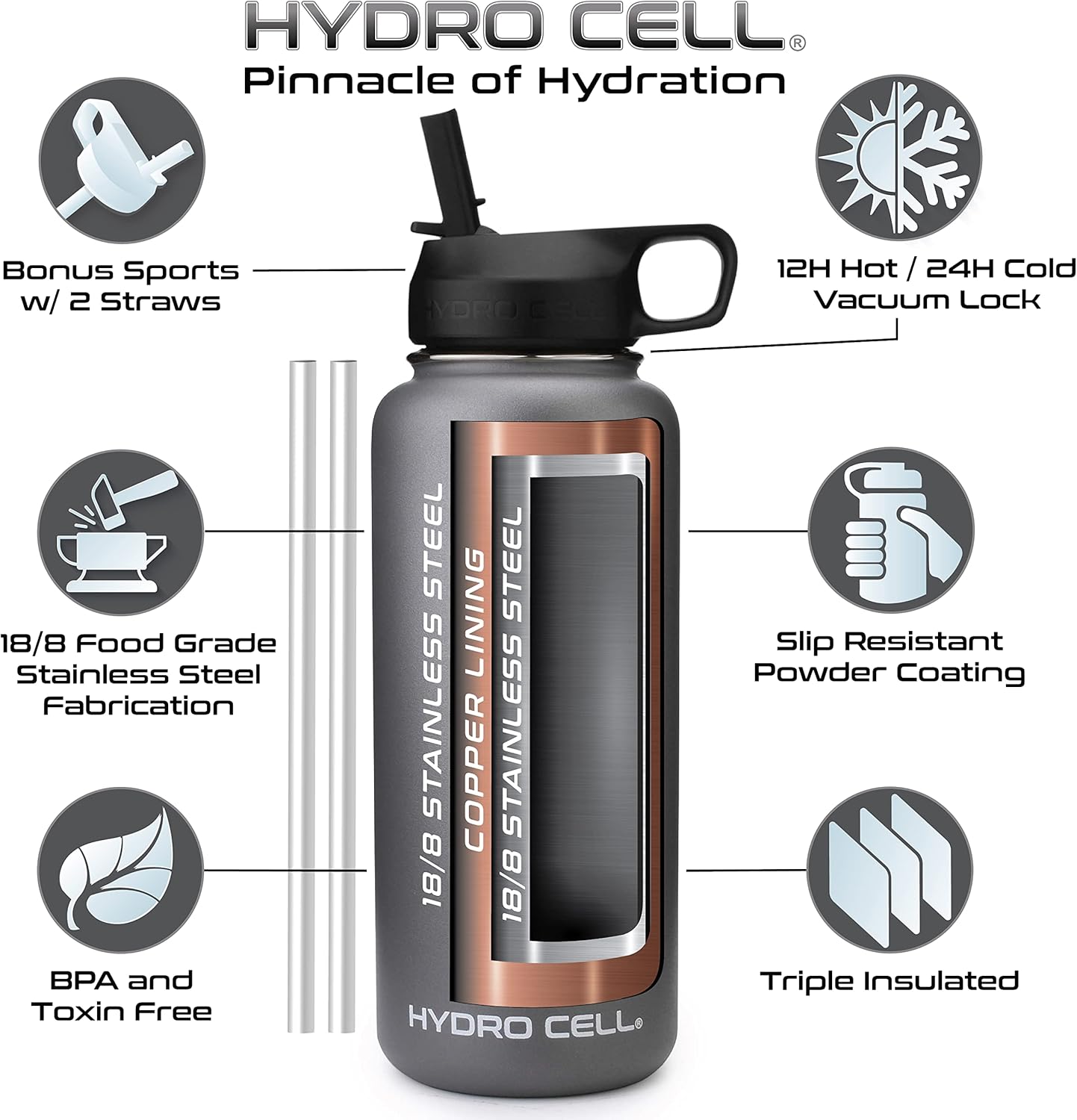 HYDRO CELL – Botella de agua con aislamiento térmico de acero inoxidable con pajilla, para bebidas frías y calientes, termo deportivo con tapón con