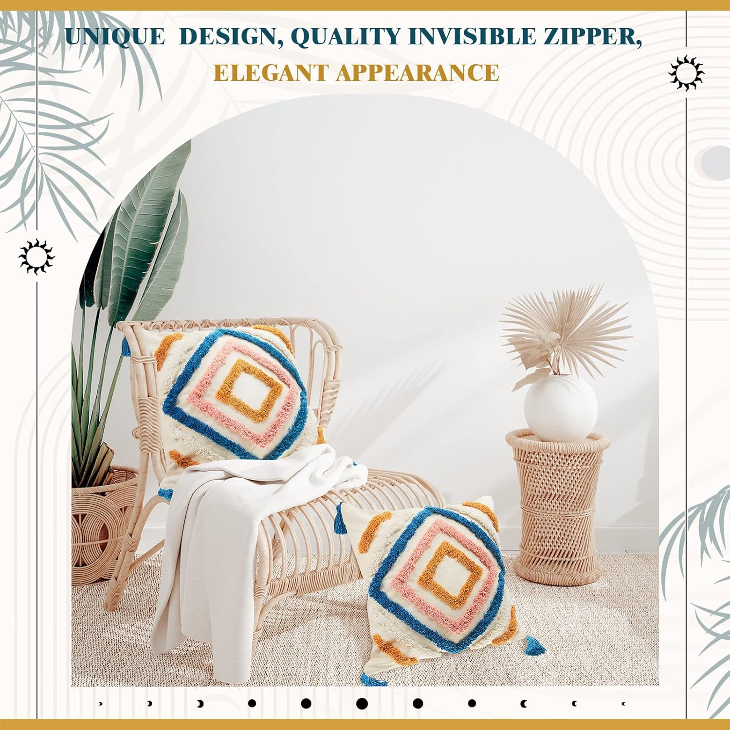 Moukeren 2 fundas de almohada bohemias de 18 x 18 pulgadas, fundas de almohada decorativas con borlas de diamantes para cama, sofá, sala de estar,