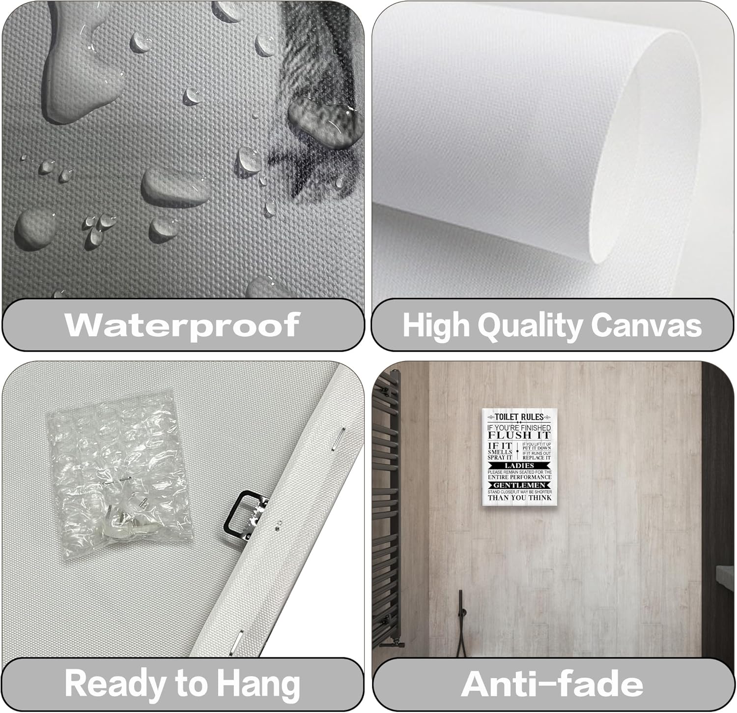 NIKICEE Impresiones artísticas en lienzo con citas de reglas de inodoro, letreros divertidos para decoración de baño, divertido arte de pared de