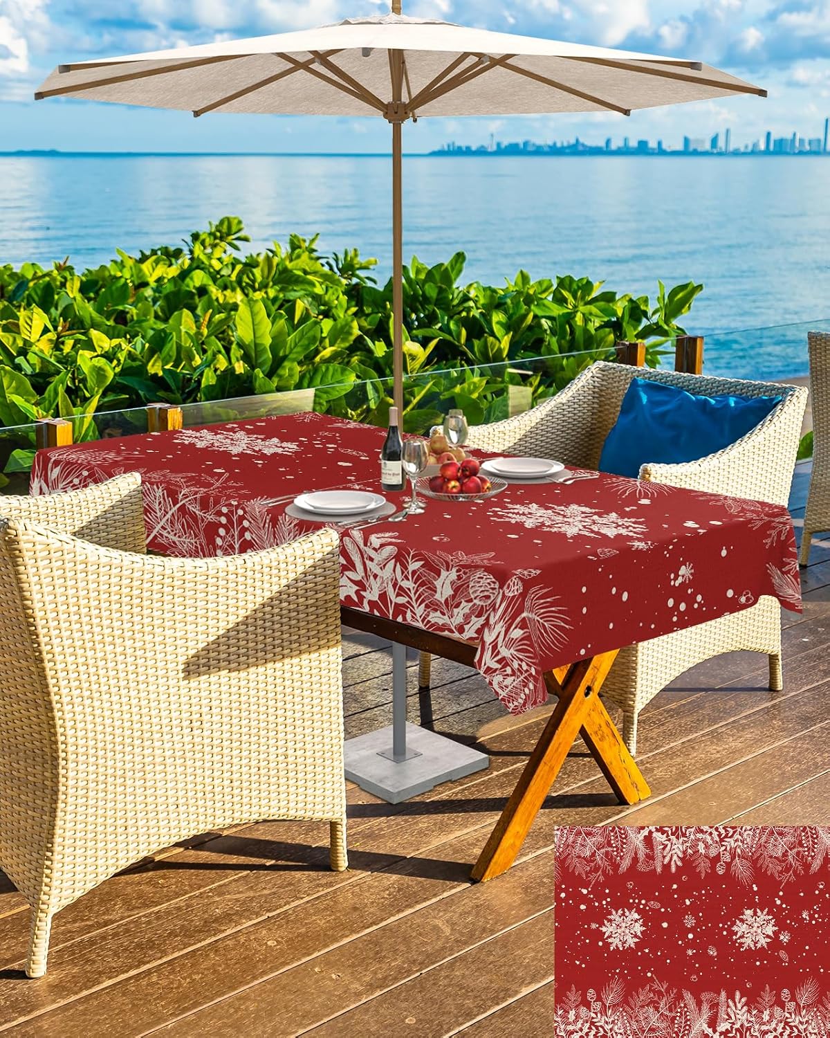 Mantel de Navidad para exteriores con agujero para paraguas, mantel impermeable con cremallera para mesas rectangulares, copos de nieve, árboles