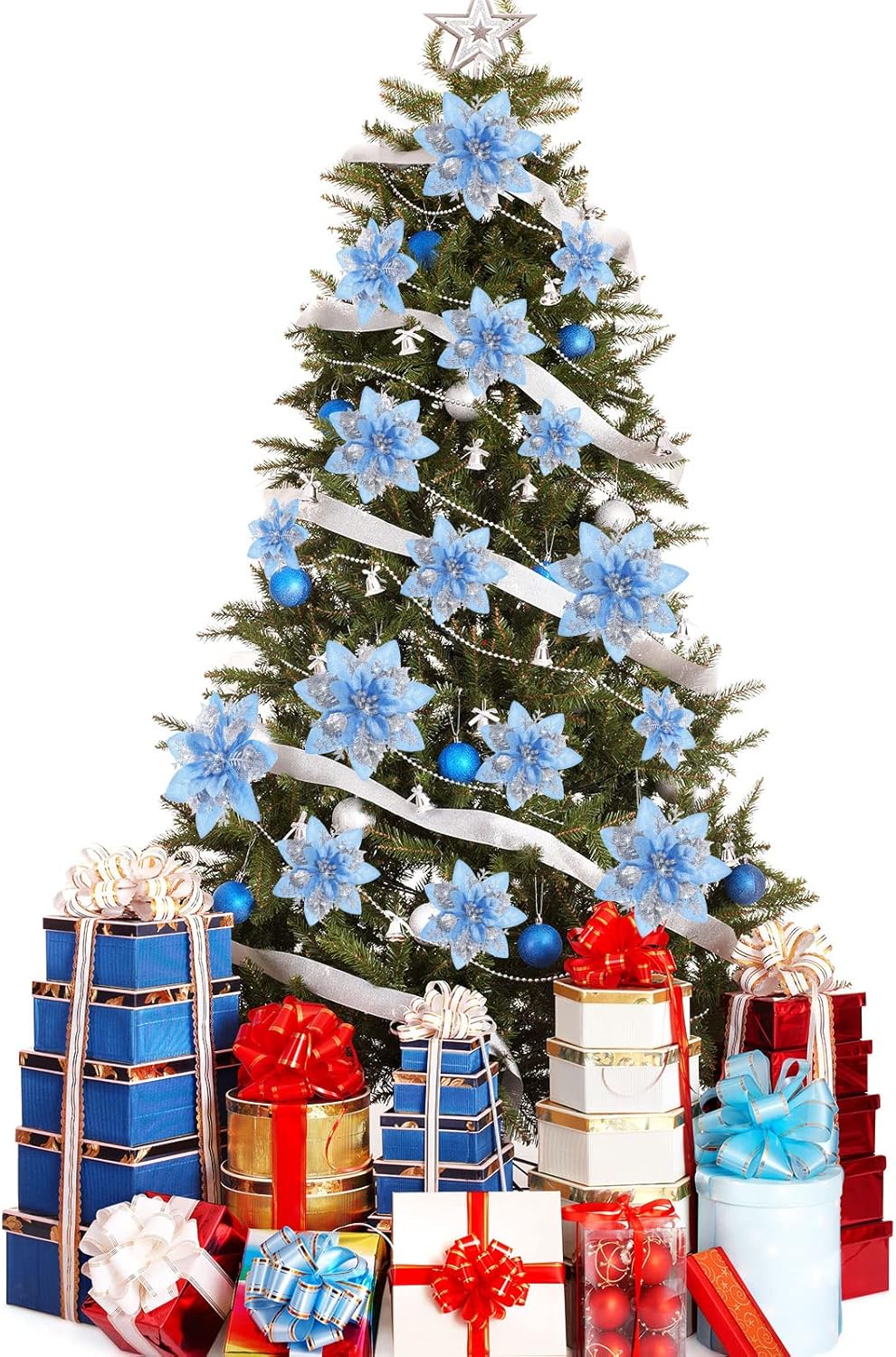 24 flores de Pascua con purpurina de Navidad y clips para adornos de árbol de Navidad, bodas, 6 pulgadas, 4 pulgadas, 3 pulgadas (plata y azul)