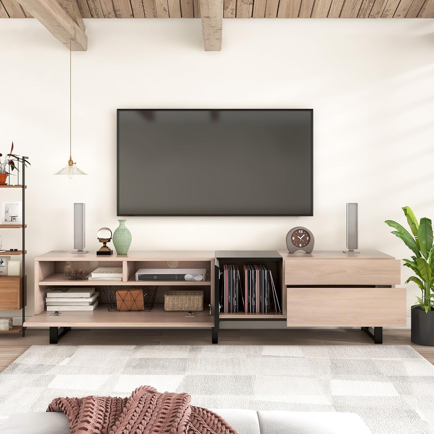 Soporte de TV de 70 pulgadas con armario de almacenamiento y estantes abiertos, consola de TV de madera natural para televisores de hasta 80