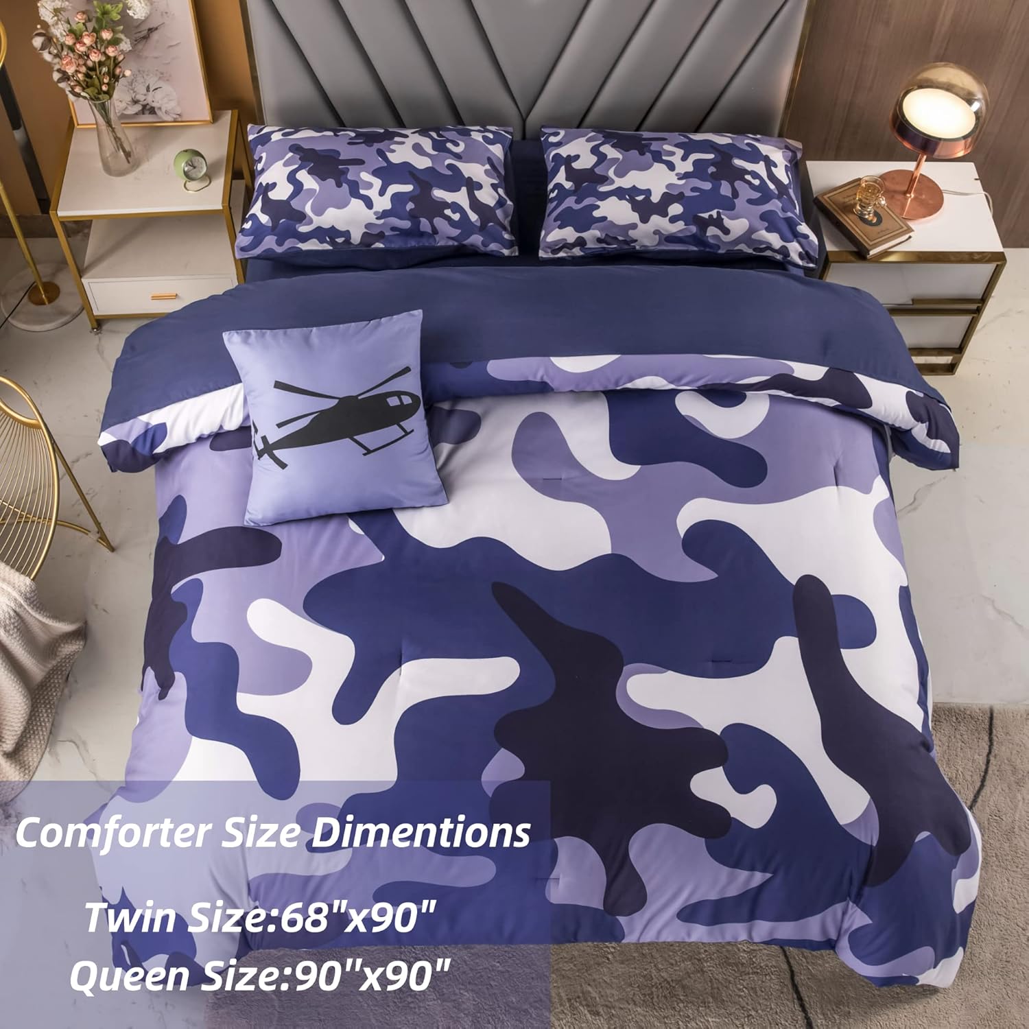 PERFEMET Juego de edredón de 6 piezas de camuflaje azul, cama individual en una bolsa, juegos de ropa de cama de camuflaje militar de granja con