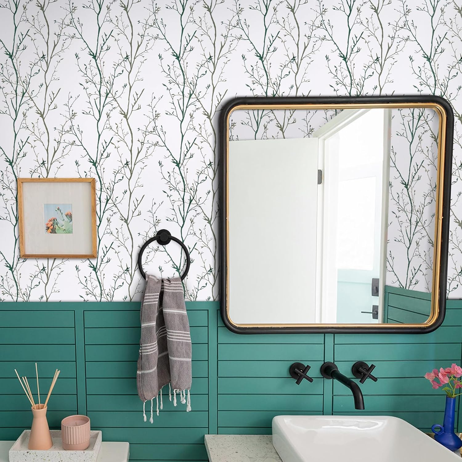 Melwod Papel tapiz de ramas de árbol verde, 17.7 x 472 pulgadas, papel tapiz moderno de ramas de árbol, papel tapiz floral, autoadhesivo, extraíble,