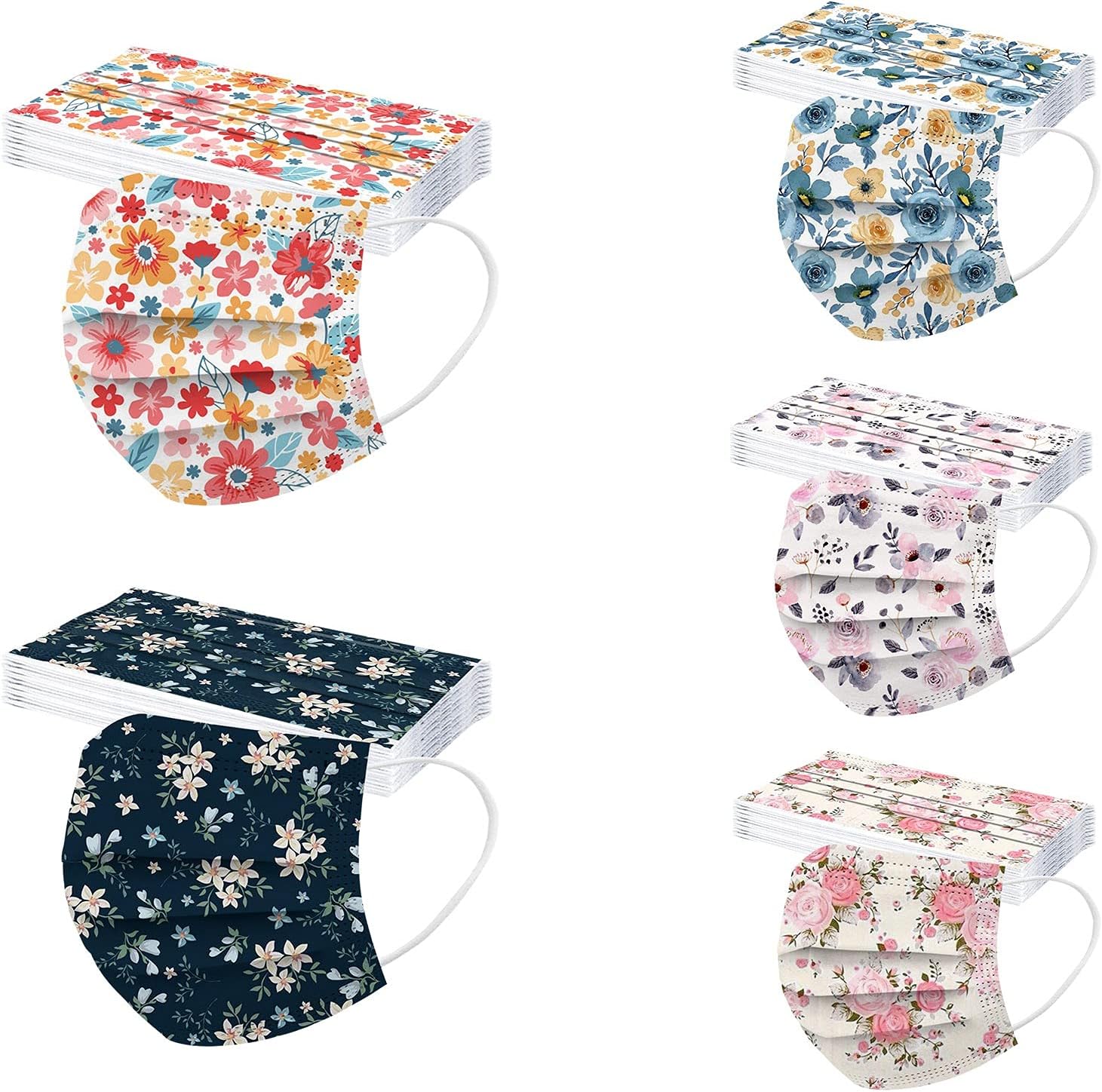 50 cubrebocas desechables con estampado floral de primavera con diseño para mujer, patrón de flores de 3 capas de protección con alambre para la