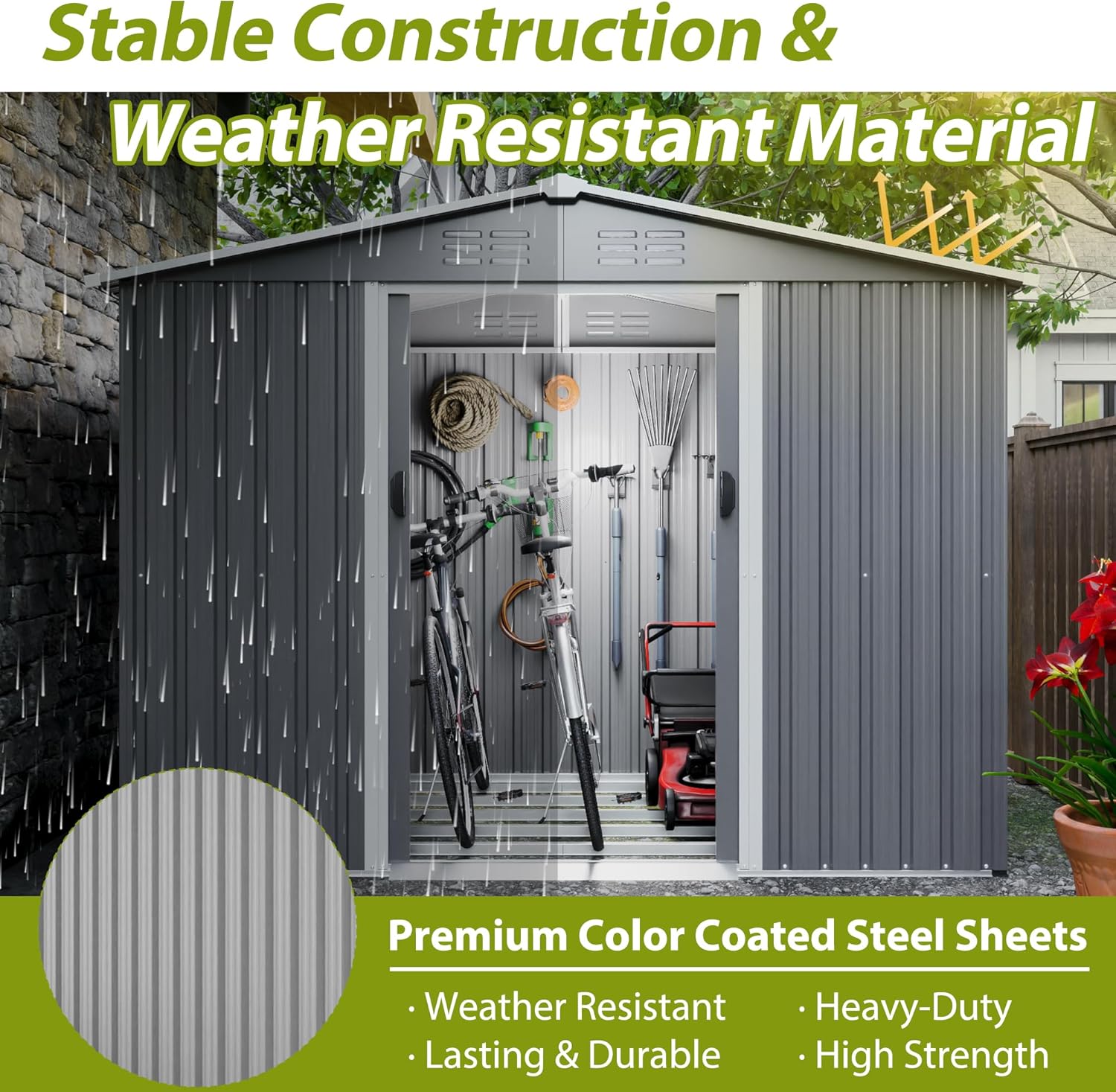 Goohome Cobertizo de almacenamiento de metal para jardín exterior de 6 x 8 pies, cobertizo de almacenamiento de metal con puerta bloqueable,