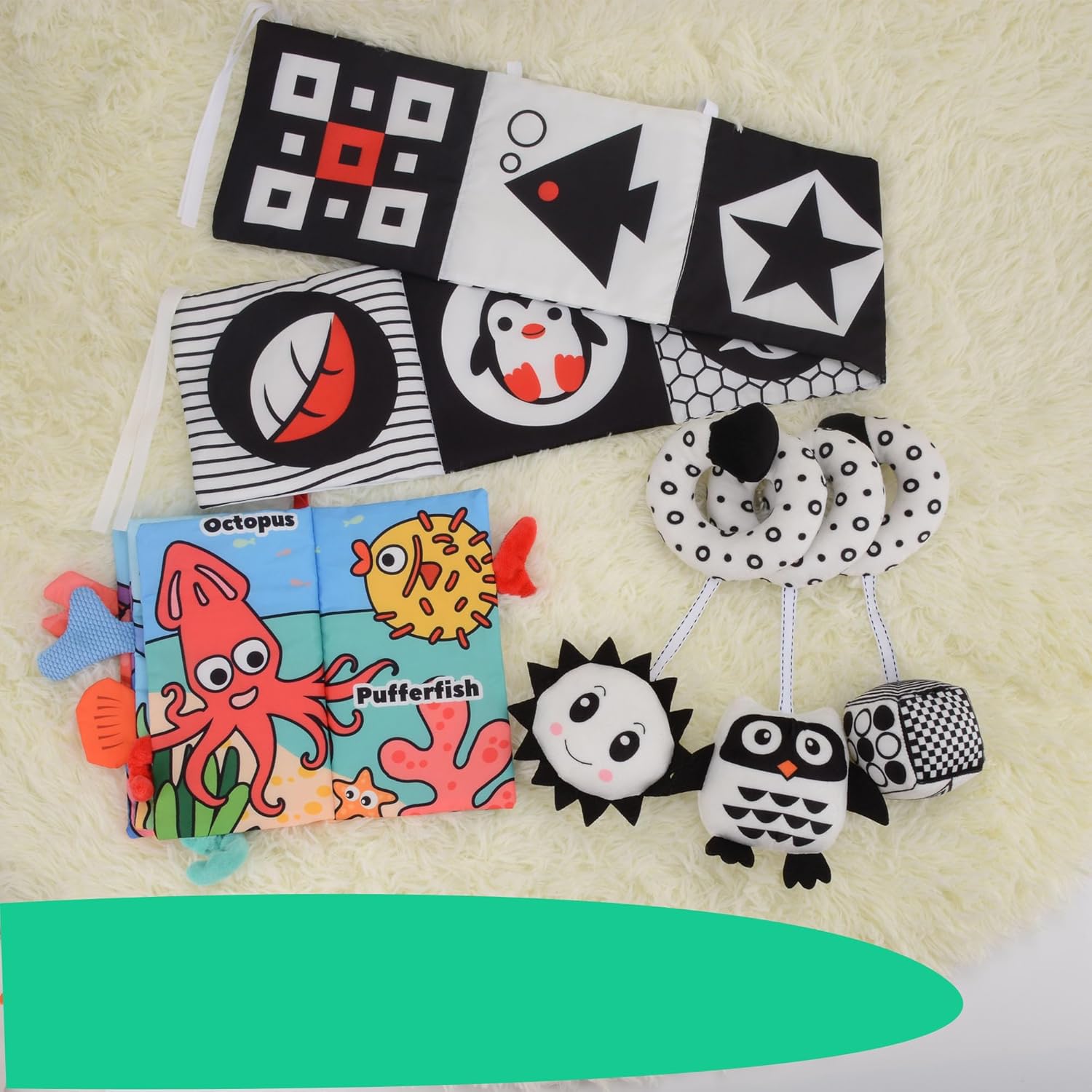 3 piezas de juguetes de asiento de automóvil, juguetes para bebés de alto contraste en blanco y negro, 0-3, 6-12 meses, juguetes Montessori para