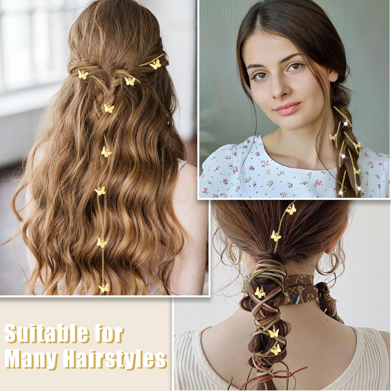 4 cadenas trenzadas de cabello de mariposas, joyas para el cabello con diamantes de imitación, pinzas para el cabello de mariposas, accesorios para