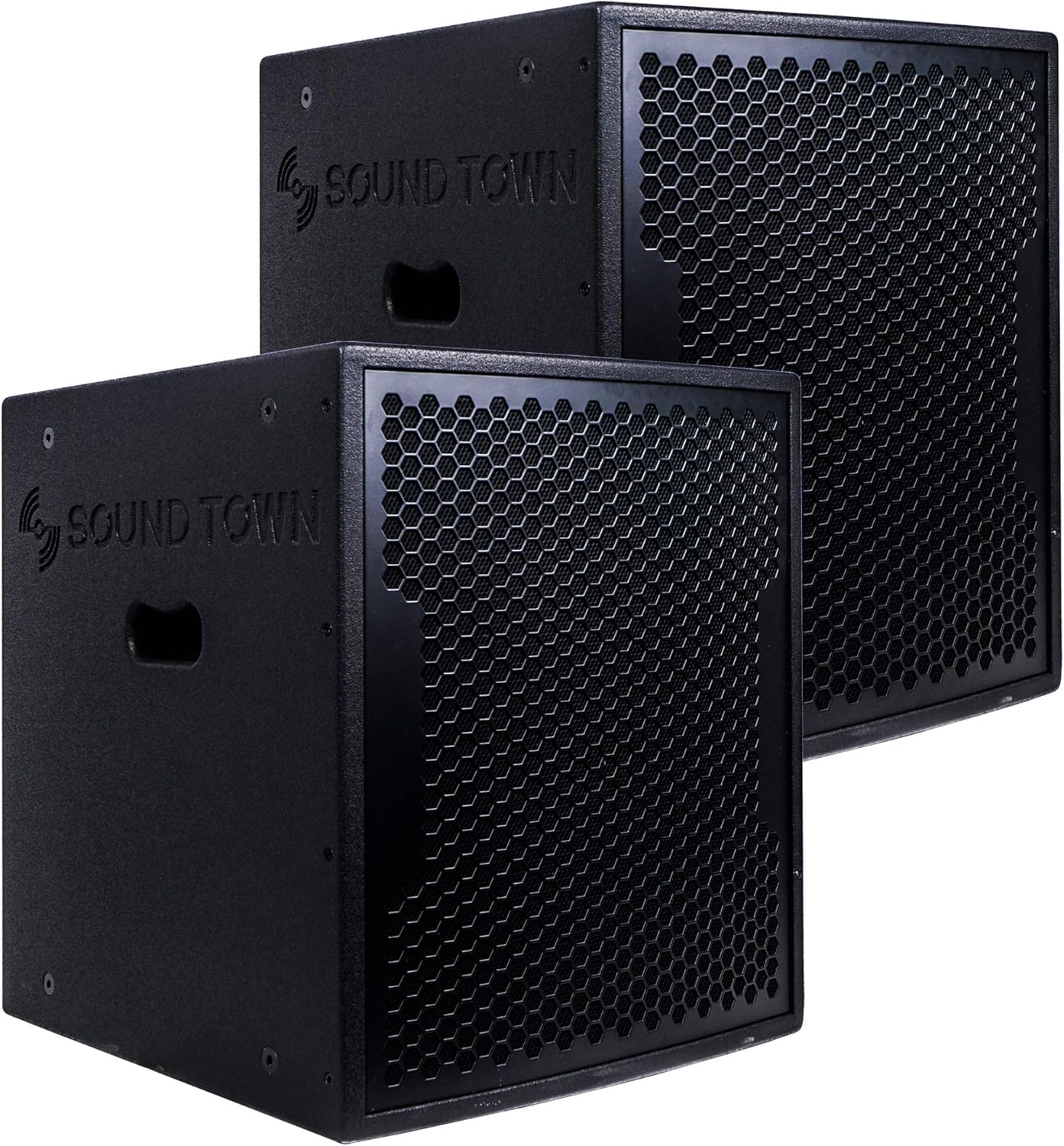 Sound Town Paquete de 2 subwoofers PA DJ de 15 pulgadas y 1600 vatios con salidas de altavoz, carcasa de madera contrachapada y ruedas, color negro