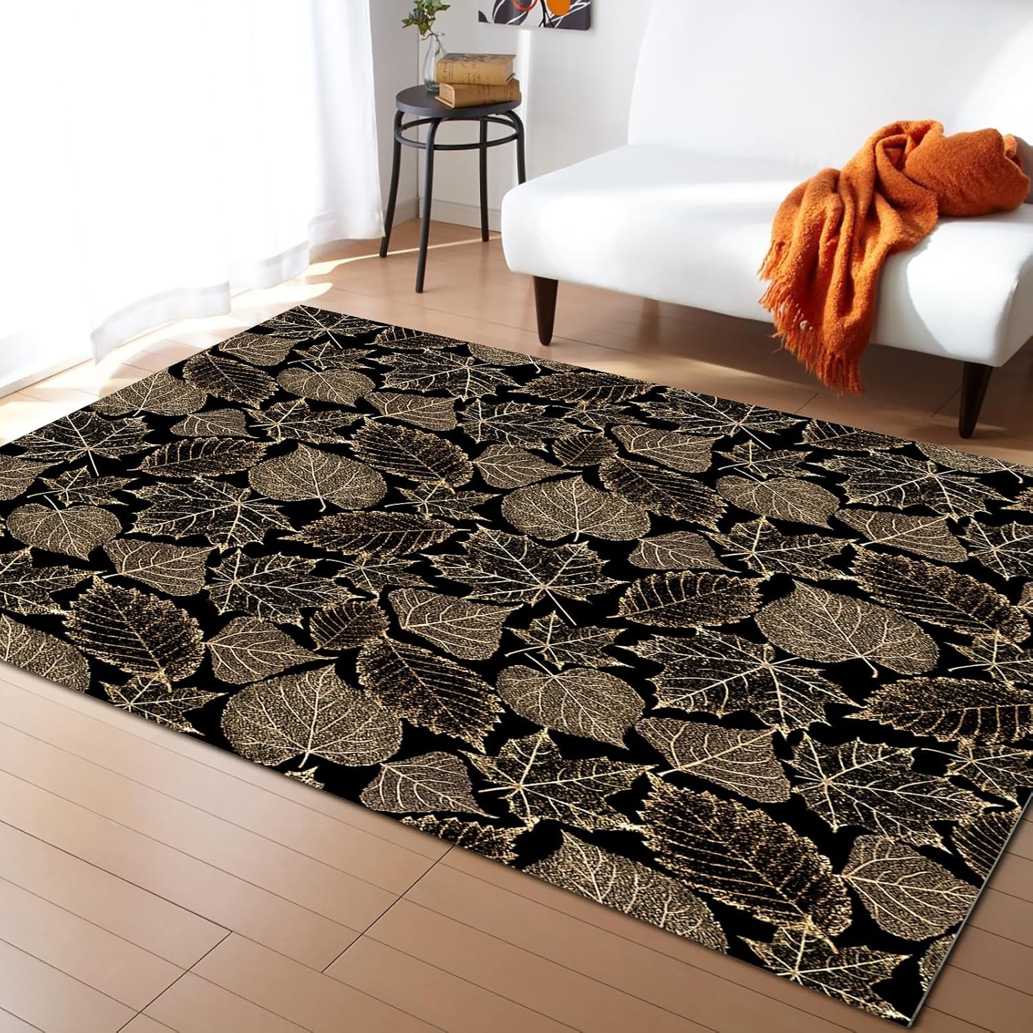 Alfombras de área de otoño para interiores, textura de hojas de arce, telón de fondo negro, moderno, de lujo, ultra suave, cómodo, antideslizante,
