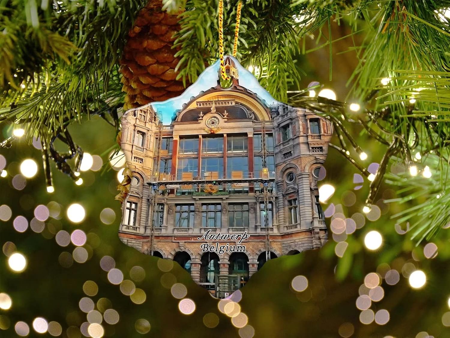 Bélgica Amberes Central Station Adornos de Navidad Árbol de Navidad Decoración colgante Recuerdos de cerámica de doble cara Mochila Colgantes