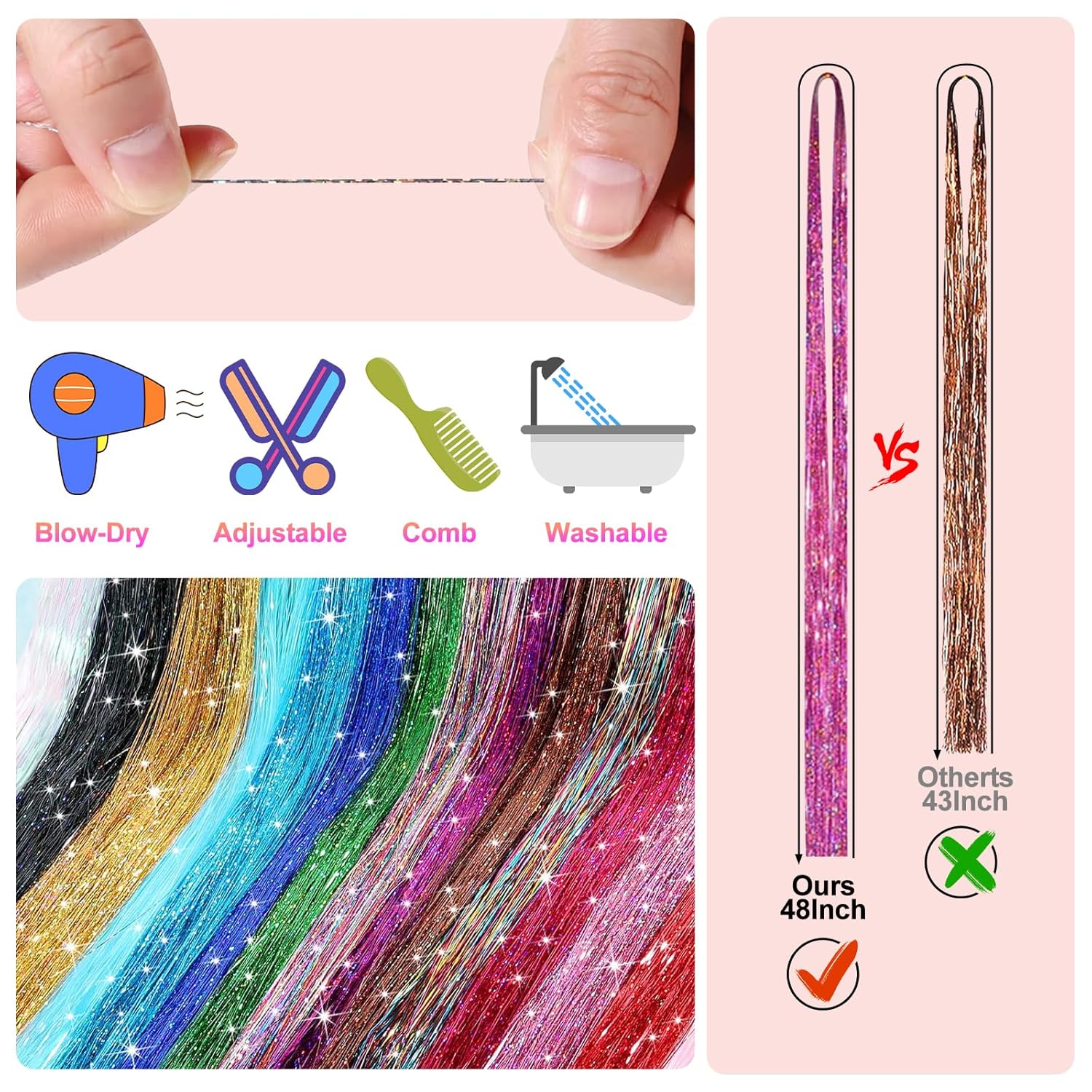 Kit de oropel para el cabello (48 pulgadas, 16 colores, 4800 hebras, 1 alicate, 2 pinzas para el cabello, 1 trío, 200 cuentas de anillo de