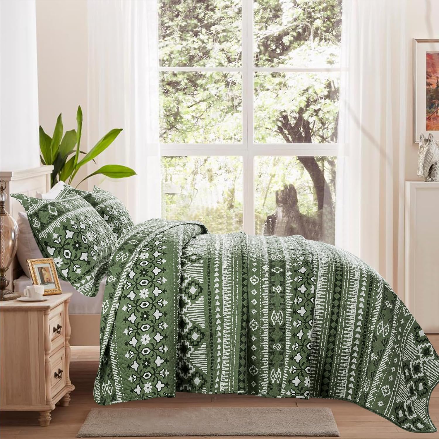 TWINRUN Juego de ropa de cama bohemio tamaño Queen, edredón bohemio verde, colcha ligera tamaño Queen con estampado de rayas geométricas (90 x 98