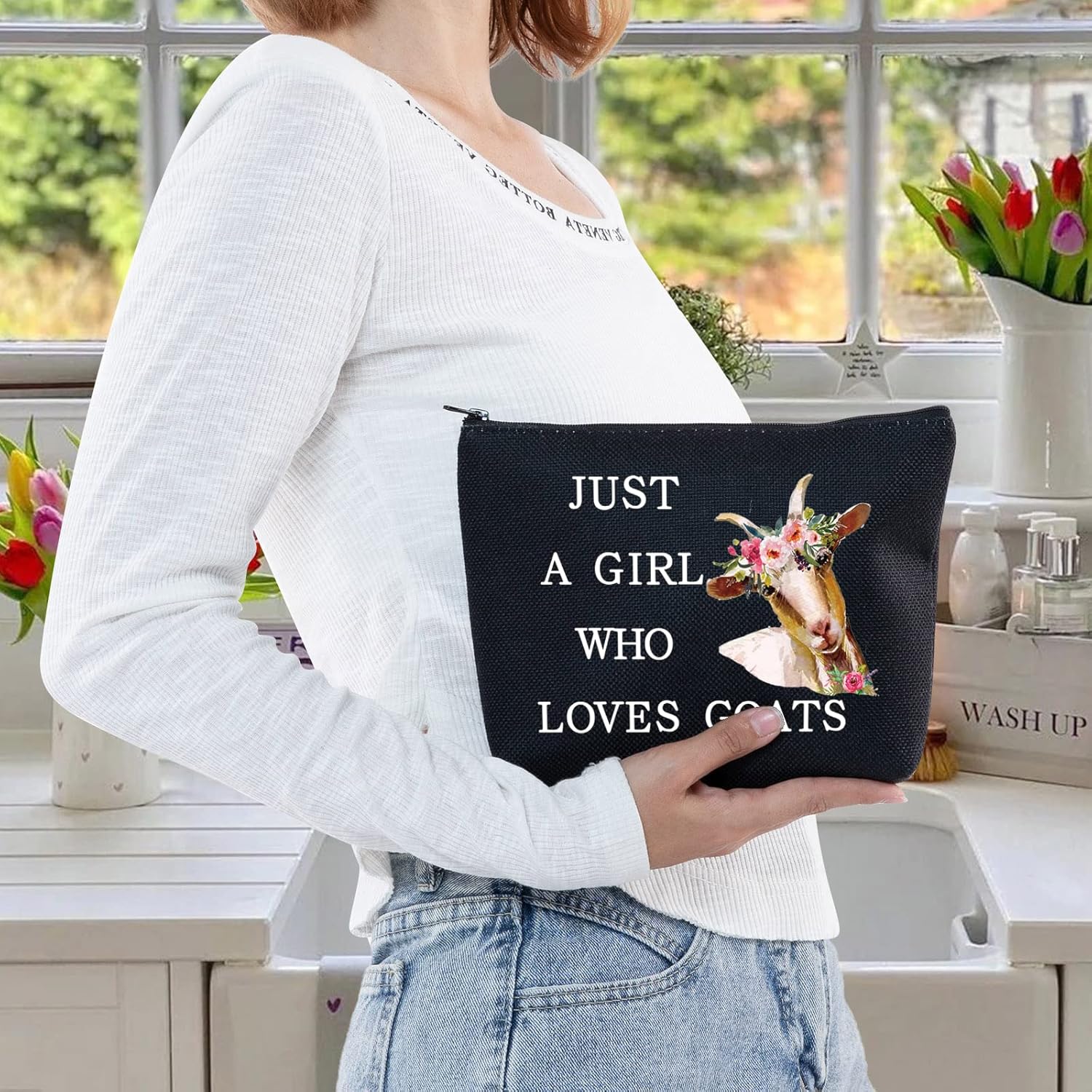 LEVLO Bolsa cosmética divertida de cabra regalo para amantes de los animales, solo una chica que ama las cabras, bolsa de maquillaje con cremallera,
