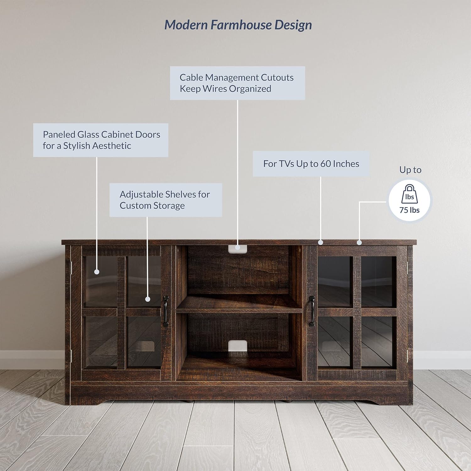BELLEZE – Soporte de TV moderno y tradicional y consola de centro de entretenimiento multimedia para TV de hasta 60 pulgadas o aparador de buffet