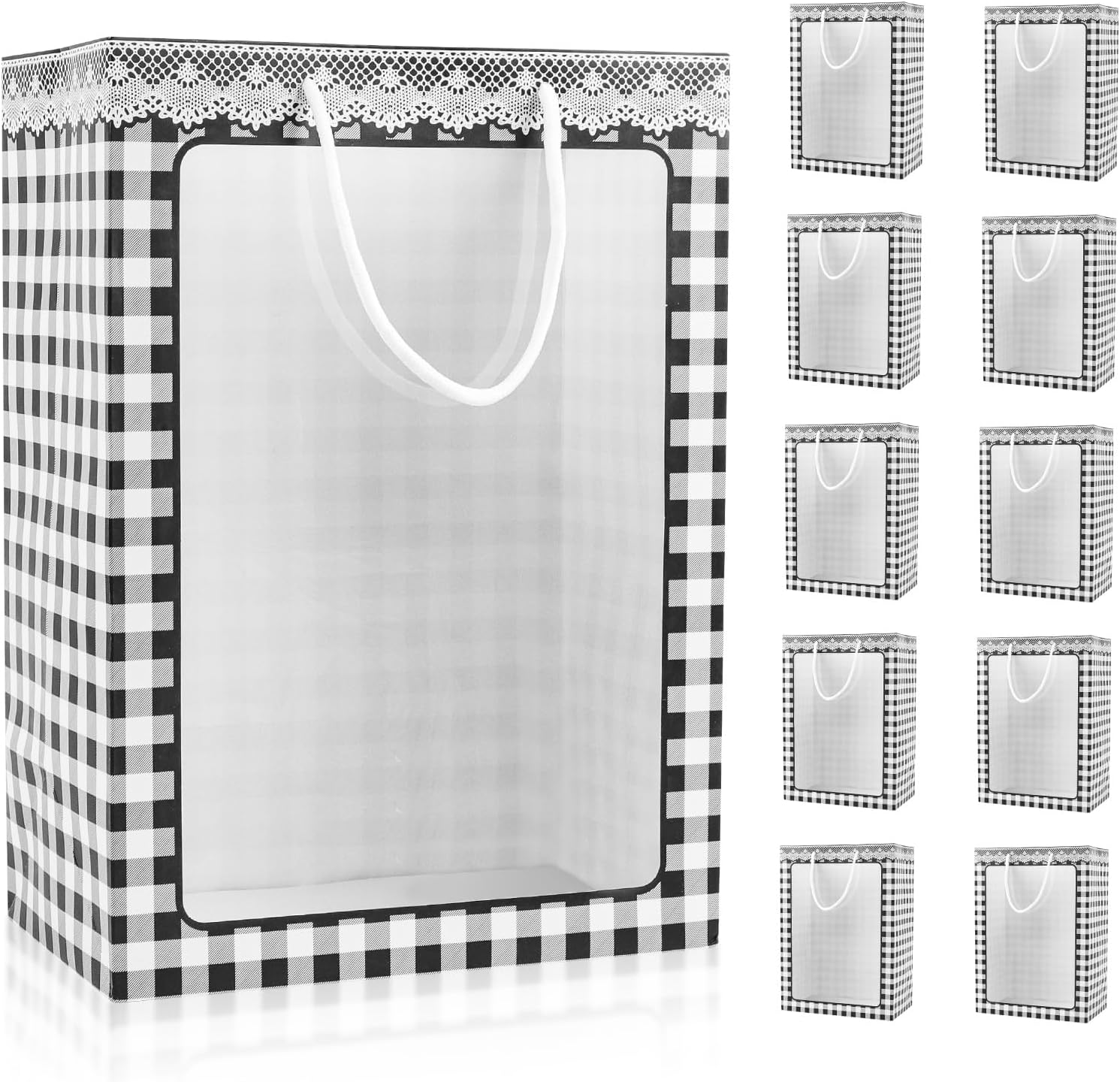 ywbag 10 bolsas de regalo transparentes con ventana, 13.8 x 9.8 x 5.9 pulgadas, color negro, bolsas de regalo transparentes con asa para despedida