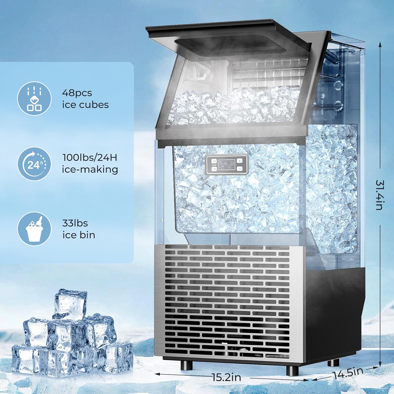 ZAFRO Máquina comercial para hacer hielo, máquina de hielo debajo del mostrador, 100 libras24 horas con cubo de hielo de 33 libras, máquina de hielo