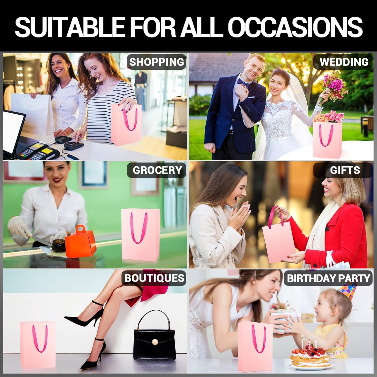 EUSOAR Bolsas pequeñas de color rosa para regalo, paquete de 12 bolsas de compras de 5.9 x 2.3 x 7.8 pulgadas con asas a granel, bolsas de regalo de