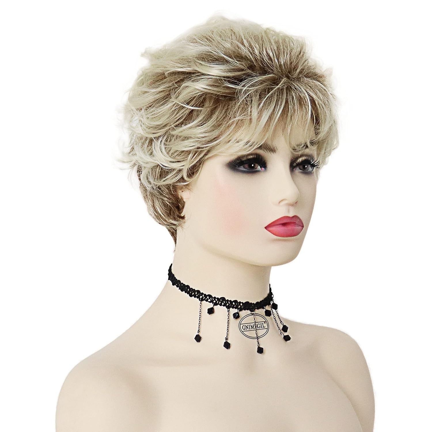 GNIMEGIL Peluca de cabello rubio corto, rizado, peluca natural de mamá con flequillo para mujer, resistente al calor, peluca sintética para cosplay,
