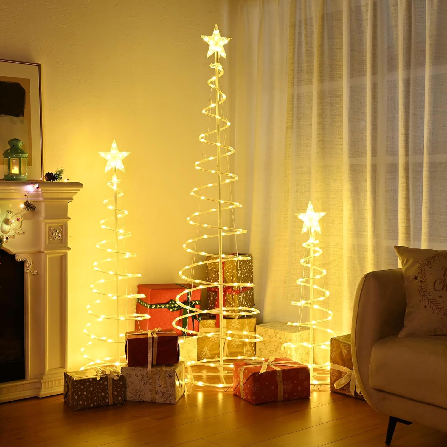 Yescom Juego de 3 luces LED en espiral para árbol de 6 pies 4 pies 3 pies USB decoración navideña blanco cálido