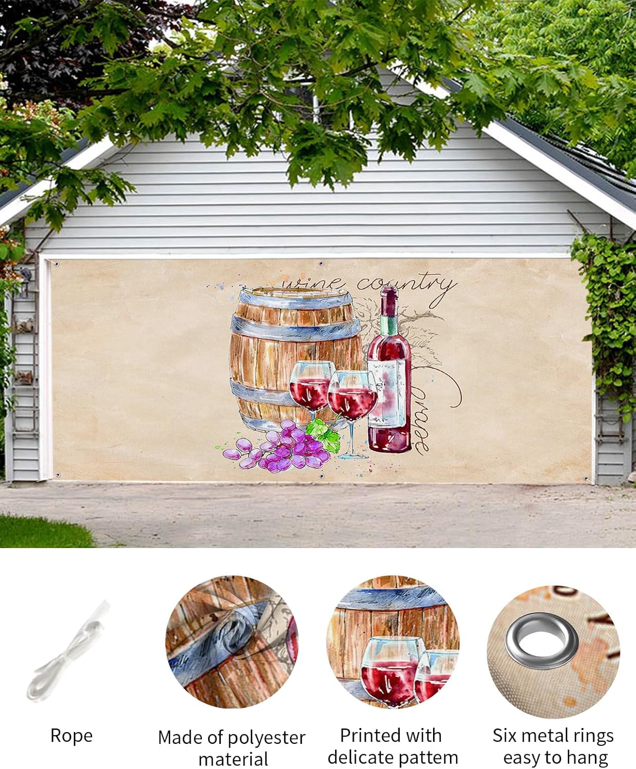 Summer Autumn Red Wine Garage Door Decorations, Farmhouse Wooden Barrel Garage Door Banner Cover with Grommets, Garage Door Mural Backdrop