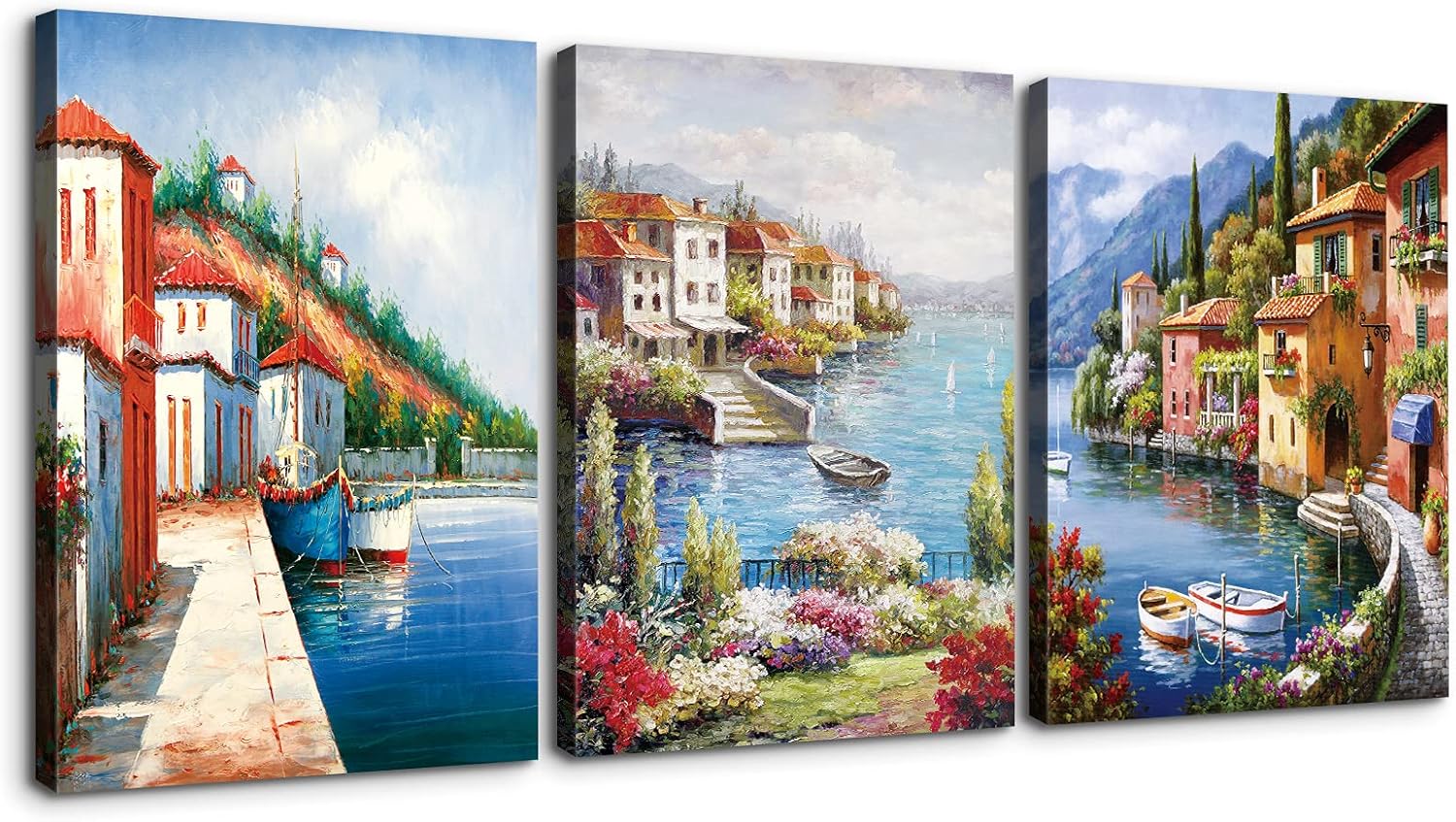 Denozer – Lienzo decorativo para pared de 3 piezas – Lienzo de ciudad europea, arte de pared con flores costeras, jardín, pintura de reproducción