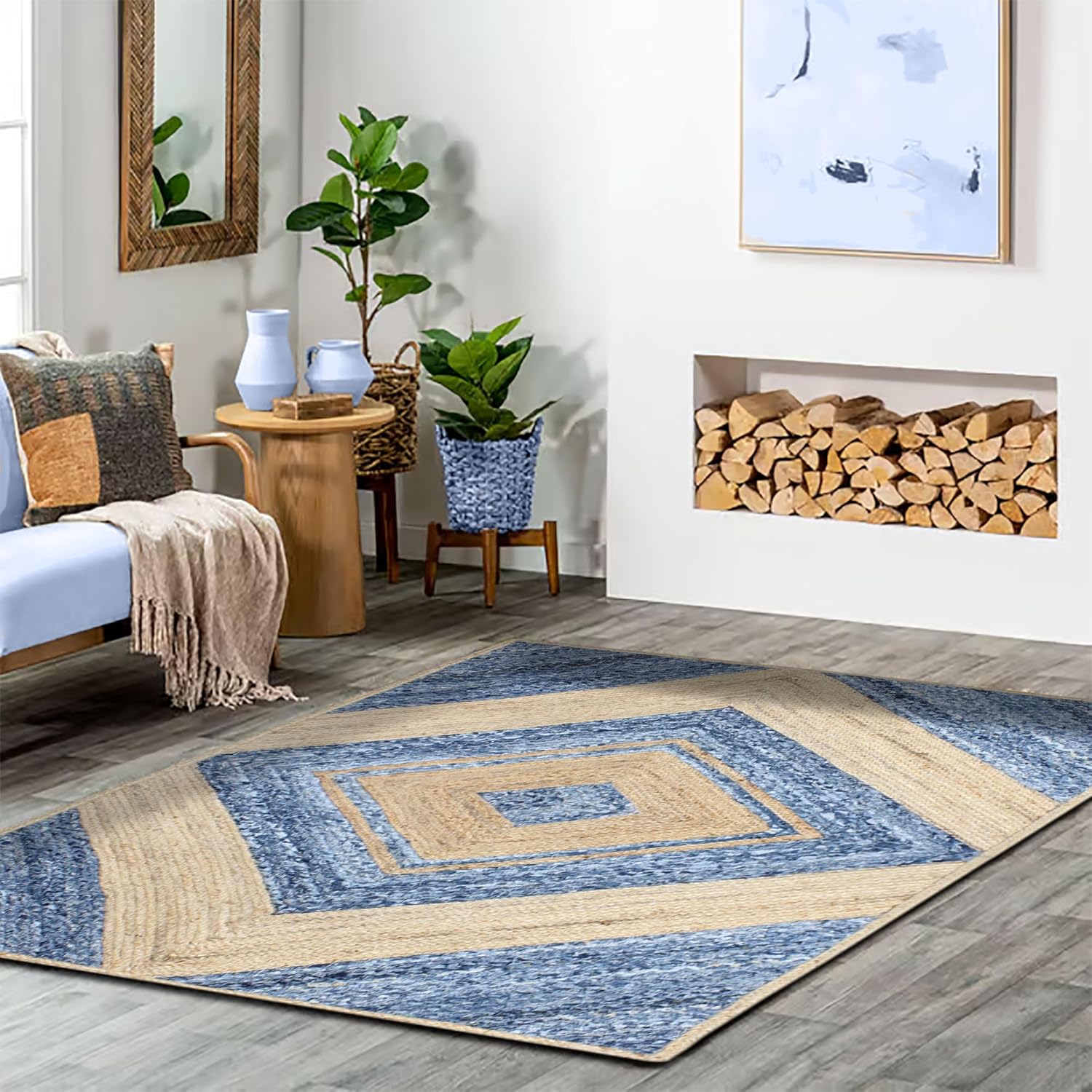 Collection – Alfombra rectangular de 6 x 9 pies, alfombra trenzada azul de algodón y yute, alfombra geométrica kilim para interiores y exteriores,