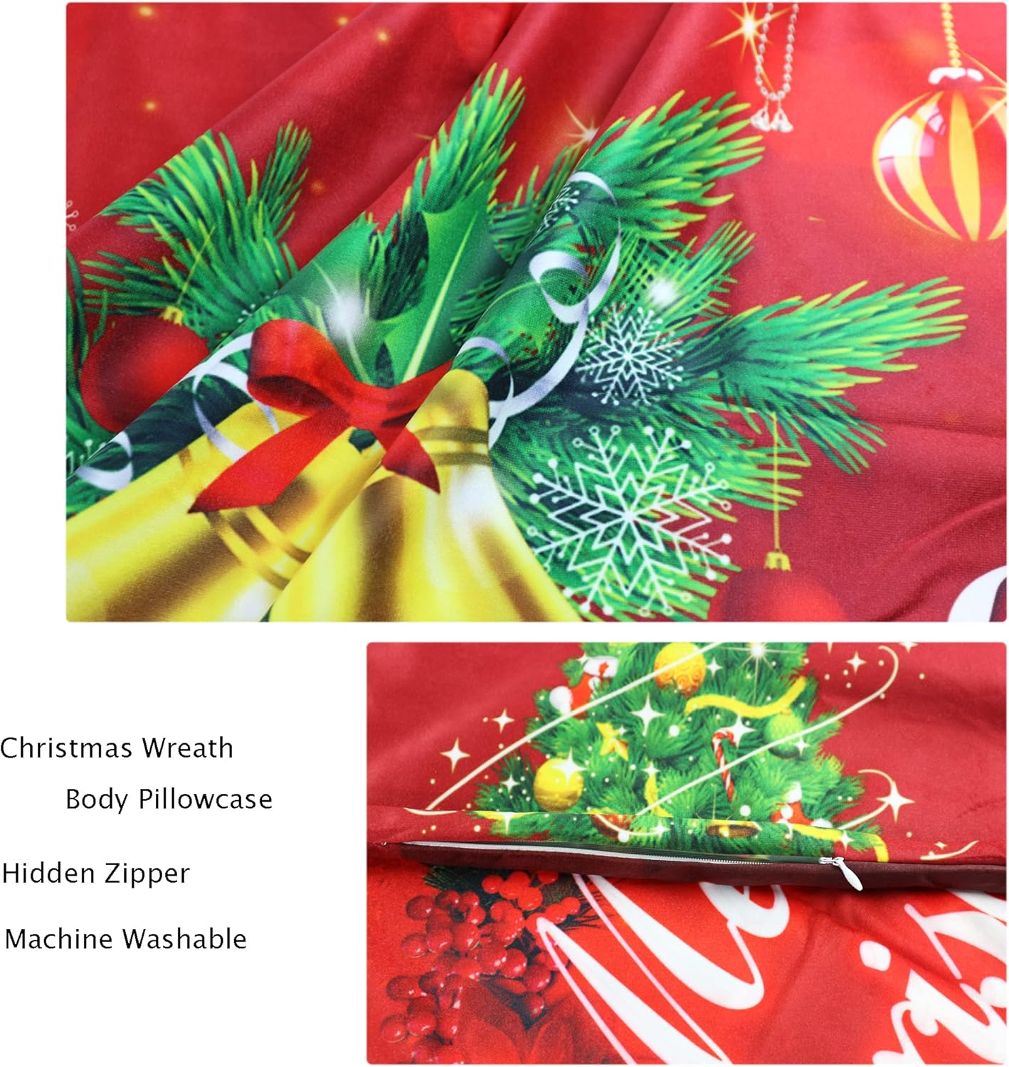 Corona de Navidad, funda de almohada de cuerpo de campana, adornos de Navidad, fundas de almohada de cuerpo suave, de dos lados diferentes impresas,