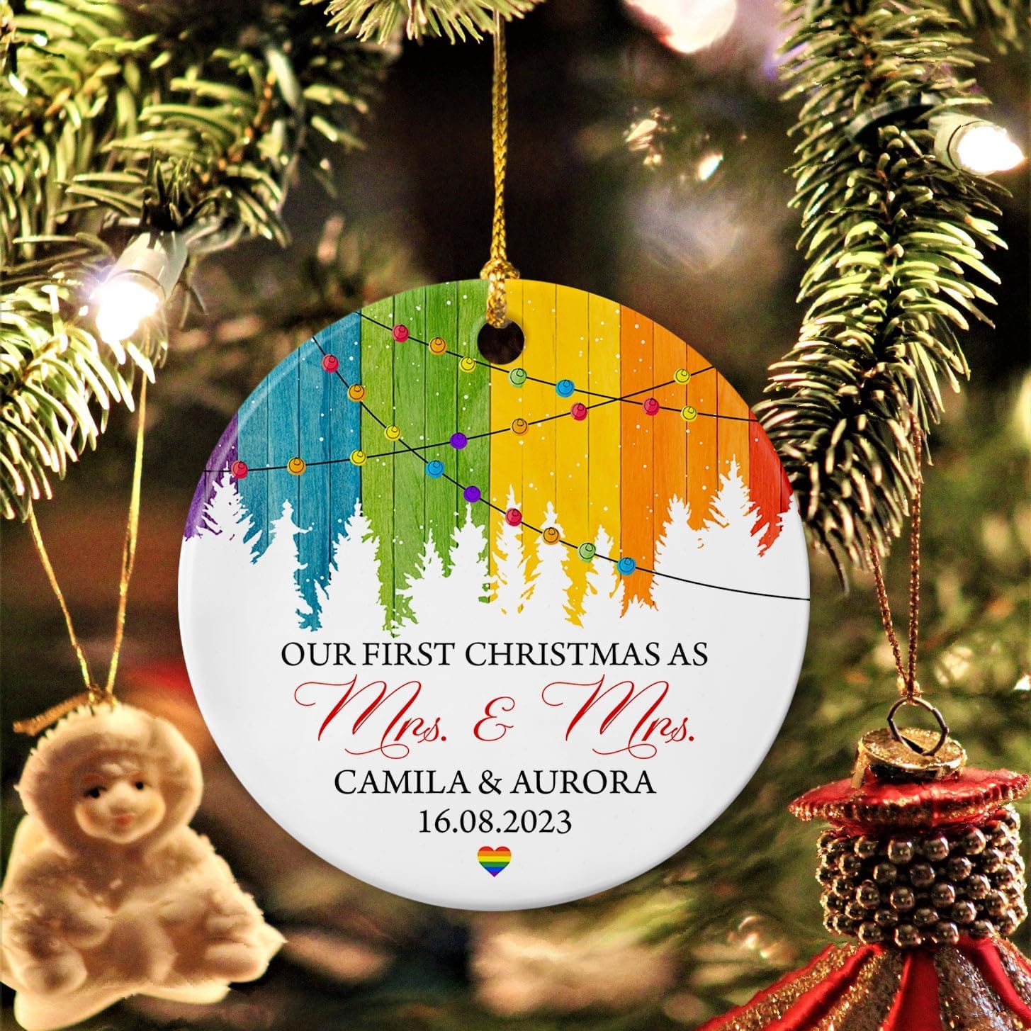 Adorno de Navidad para parejas lesbianas con texto en inglés “Our First Christmas As Mrs & Mrs Lesbian Pare”, regalos personalizados del mismo sexo